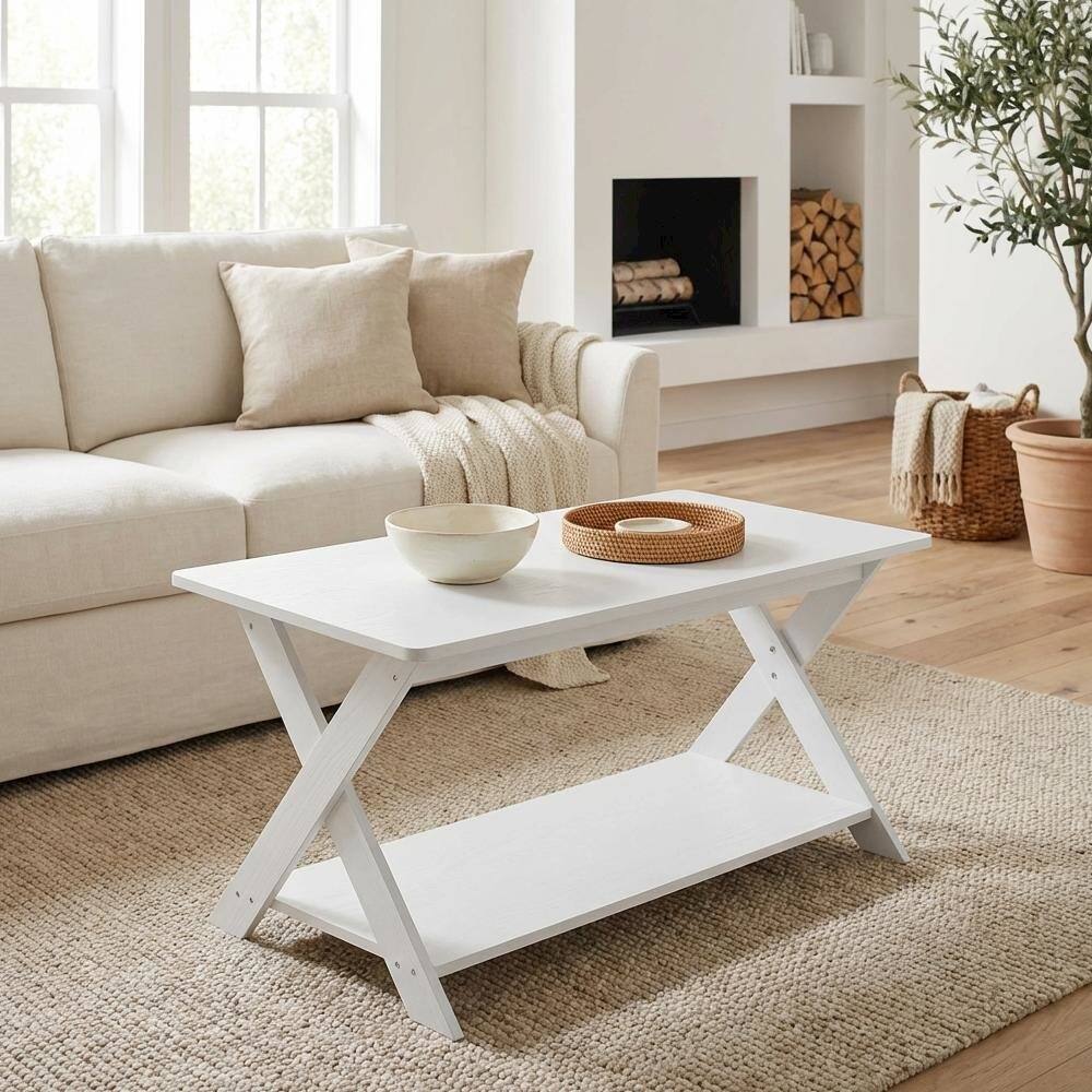 Left. FurniFact - White Modern Simplistic Coffee Table with Criss-Crossed Base - White.