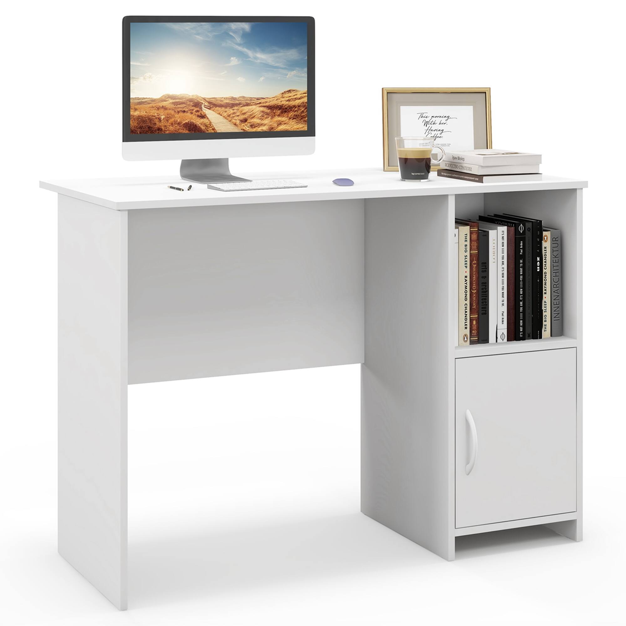 Costway - Modern Computer Desk with Cabinet Cable Holes & Open Shelf Storage for Home Office - White