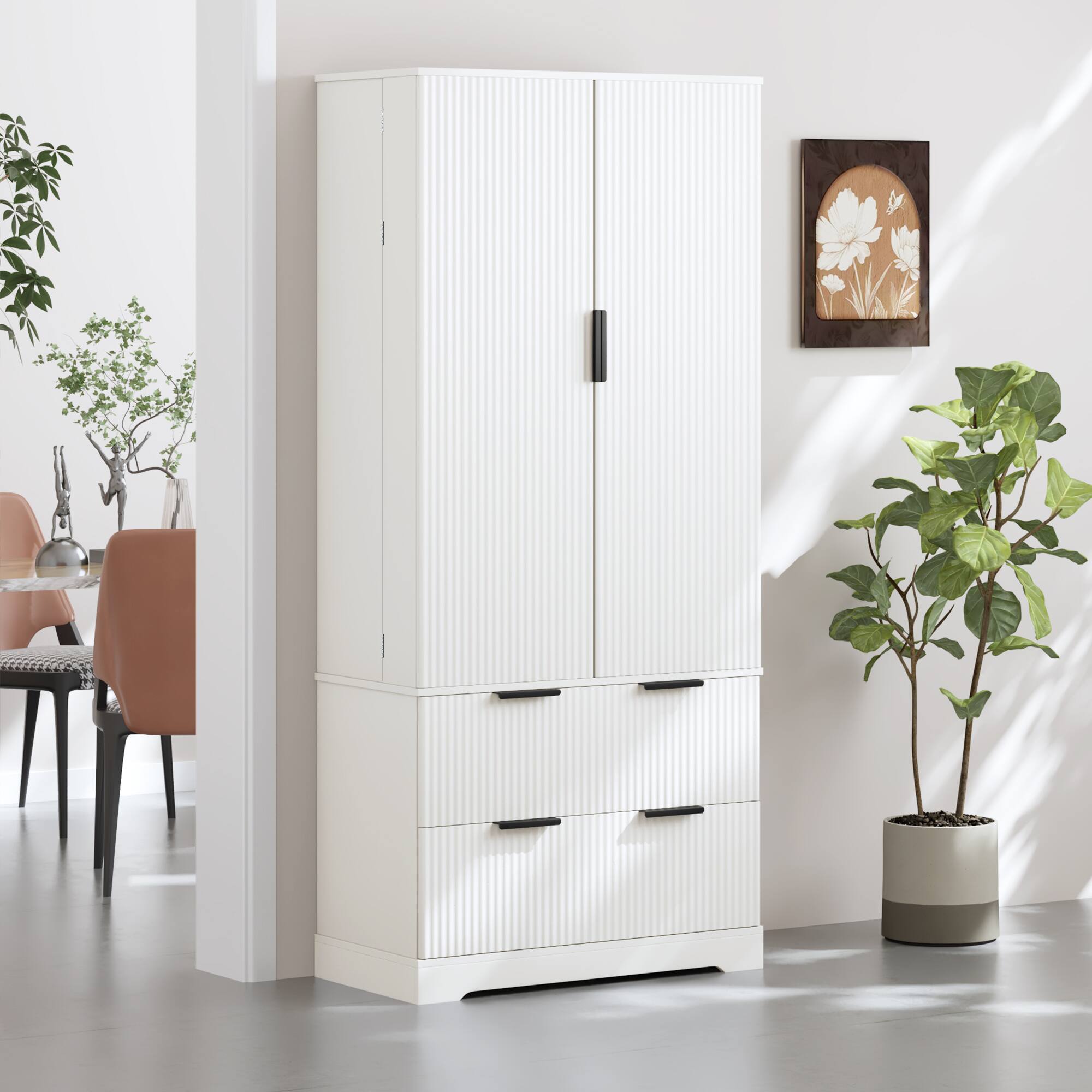 Left. Dexmalle - Dexmalle-72" Modern Fluted Kitchen Storage Cabinet with Spice Rack-White - White.