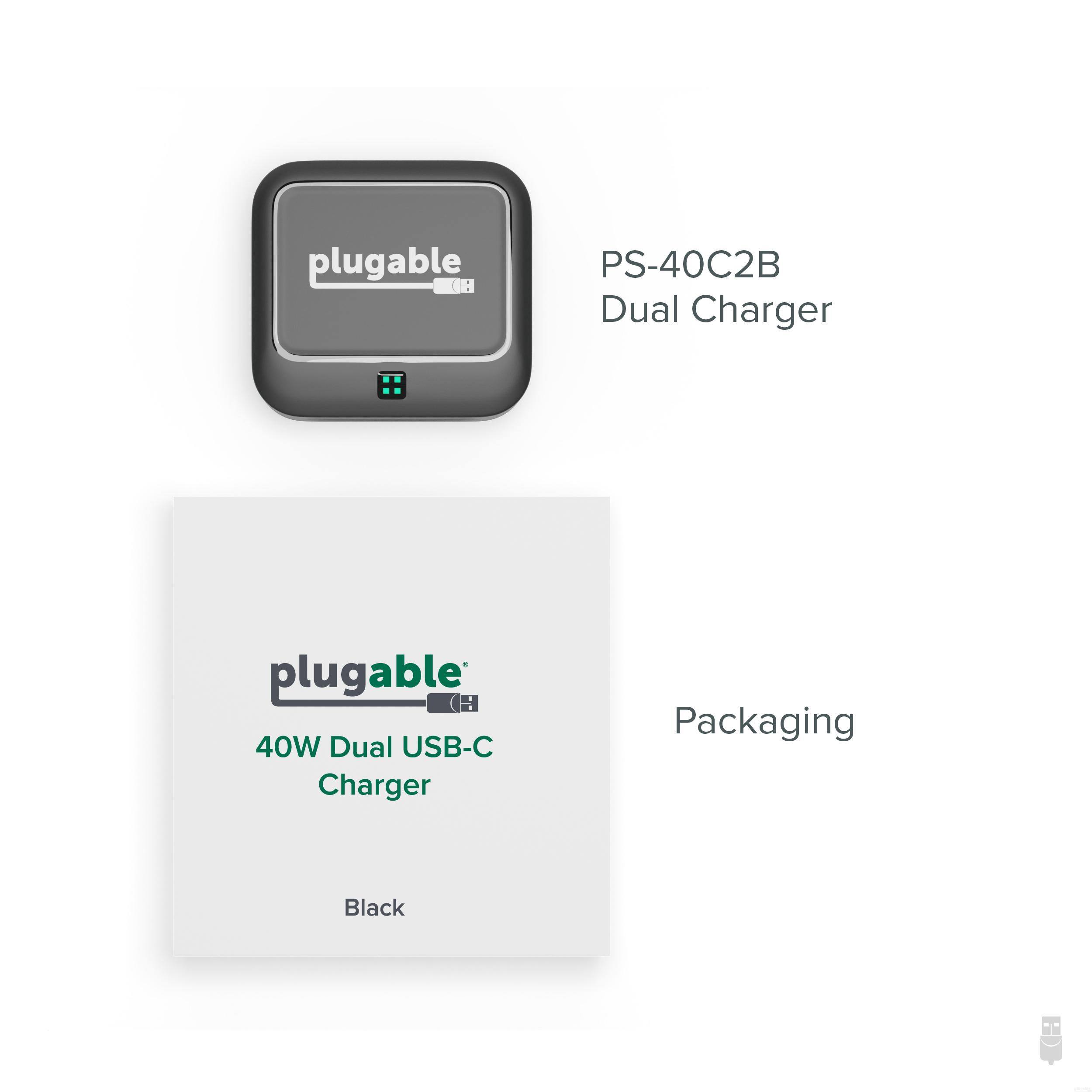 plugable  
PS-40C2B  
Dual Charger  

40W Dual USB-C Charger  
Black  

Packaging