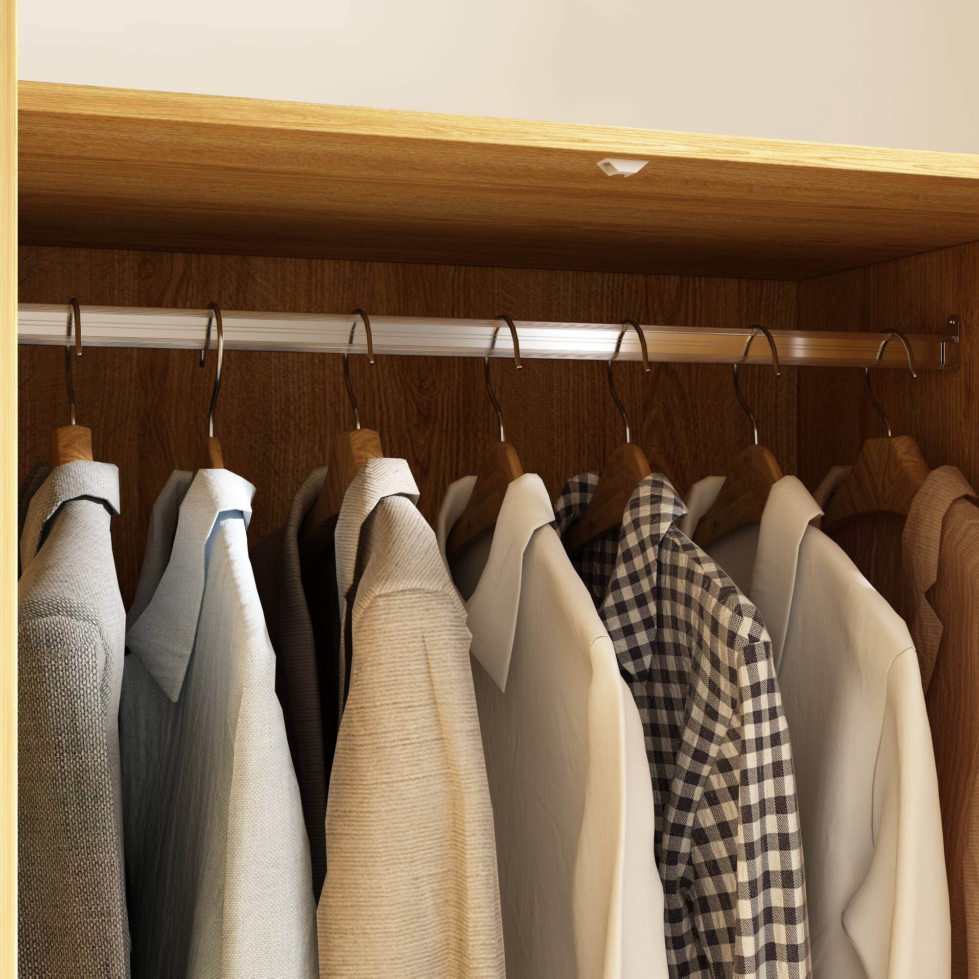 Alt View 5. Famapy - Rattan & Wood Grain Double Door Wardrobe – Natural Style Closet with Hanging Rods, Drawers & Silent Rails - Wooden.