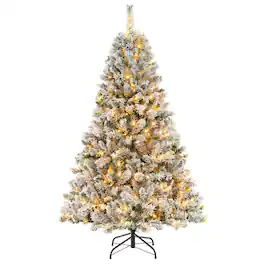 Costway - 6 FT Pre-Lit Christmas Tree 3-Minute Quick Shape Flocked Decor with 300 LED Lights - Green/White