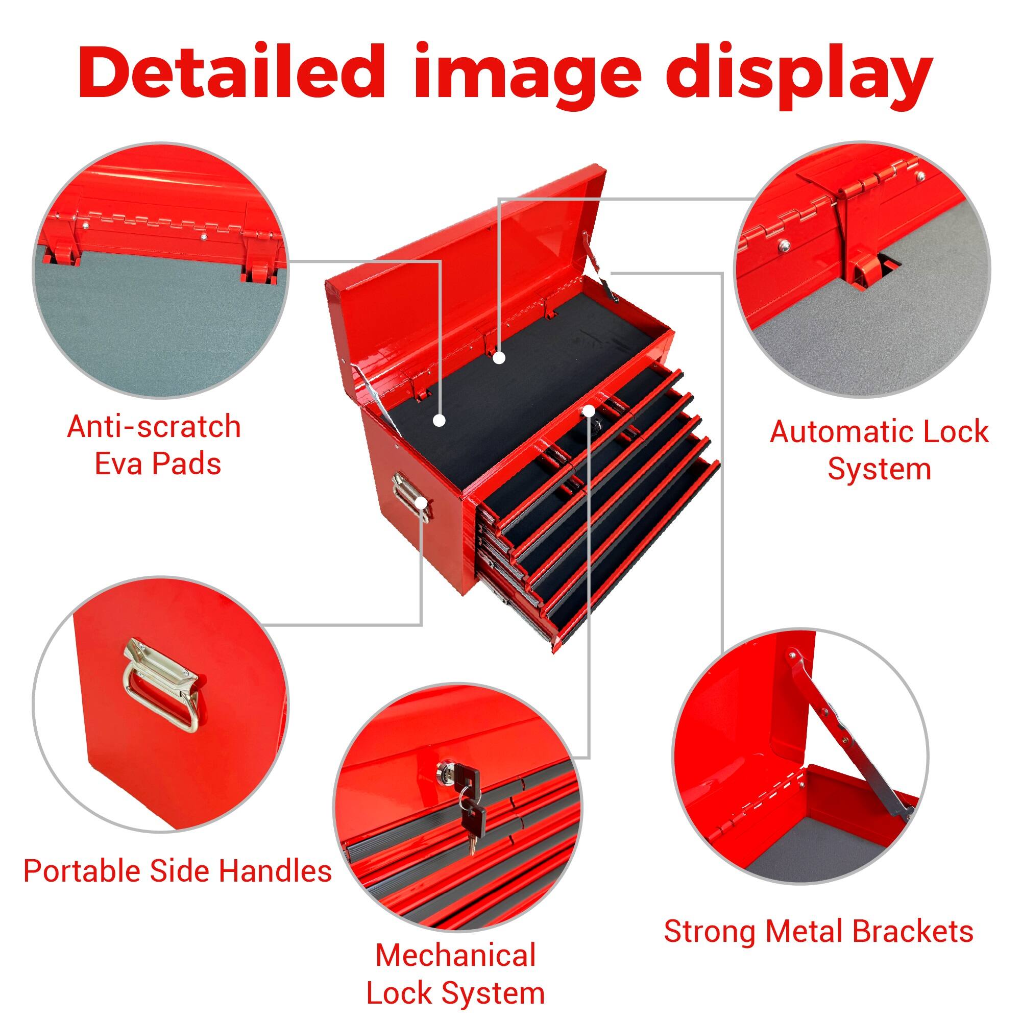 Detailed image display

- Anti-scratch Eva Pads
- Automatic Lock System
- Portable Side Handles
- Mechanical Lock System
- Strong Metal Brackets