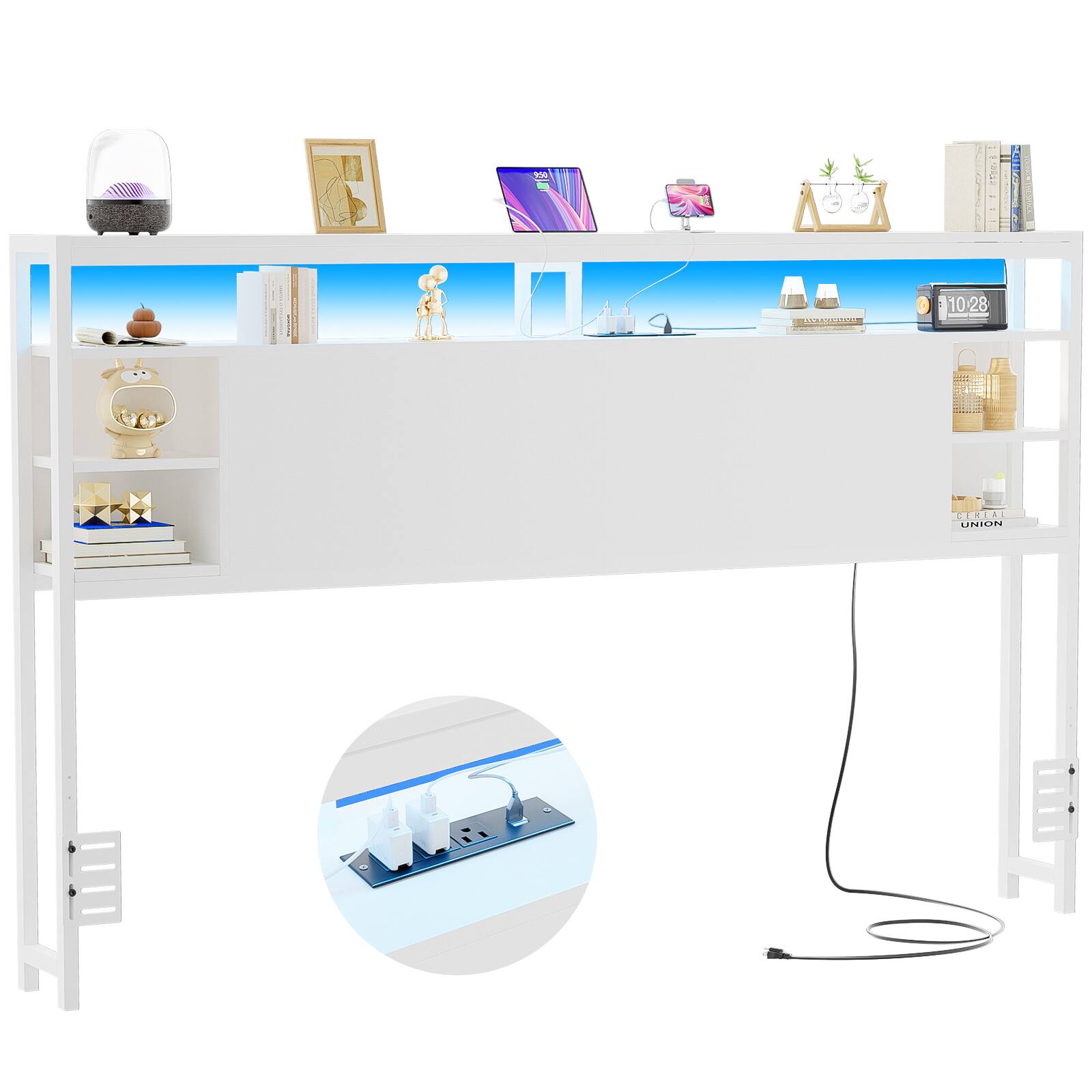 Aheaplus - Sturdy King Headboard with Storage, USB/Outlets & Smart LED Light - White