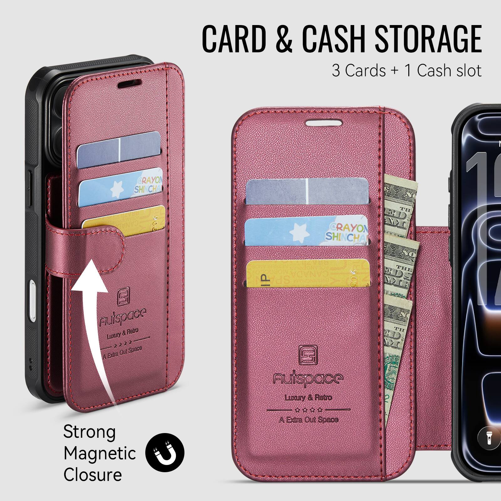 CARD & CASH STORAGE  
3 Cards + 1 Cash slot  

CRAYON SHINCHA  
CRAYON SHINCHA  

Auispace  
Luxury & Retro  
A Extra Out Space  

Strong Magnetic Closure  

CANADA P SP 06  

Auispace  
Luxury & Retro  
A Extra Out Space