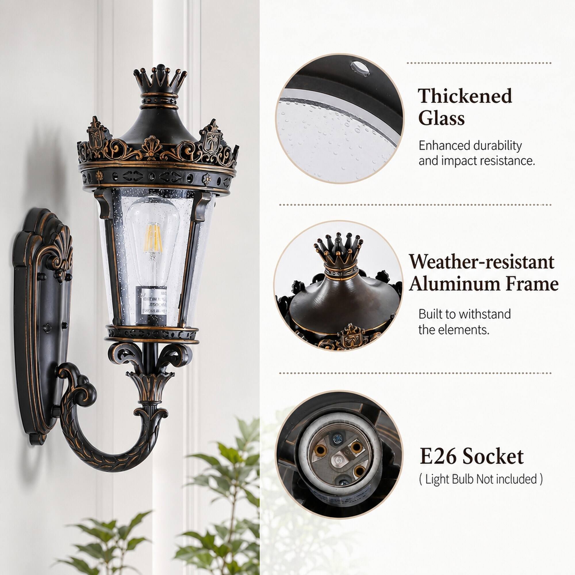 Thickened Glass  
Enhanced durability and impact resistance.

Weather-resistant Aluminum Frame  
Built to withstand the elements.

E26 Socket  
(Light Bulb Not included)