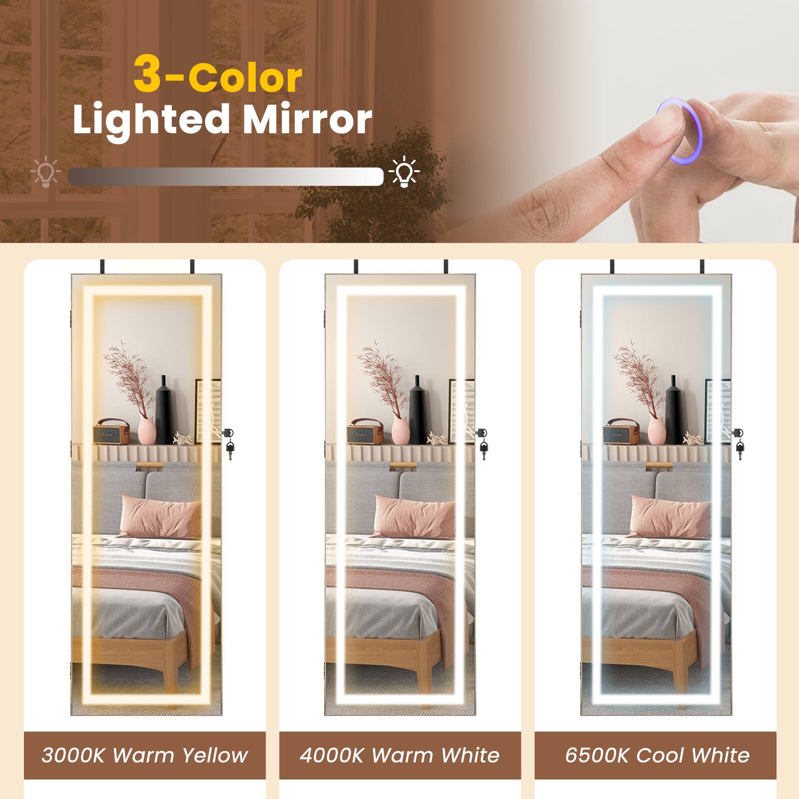 3-Color Lighted Mirror  
3000K Warm Yellow  
4000K Warm White  
6500K Cool White