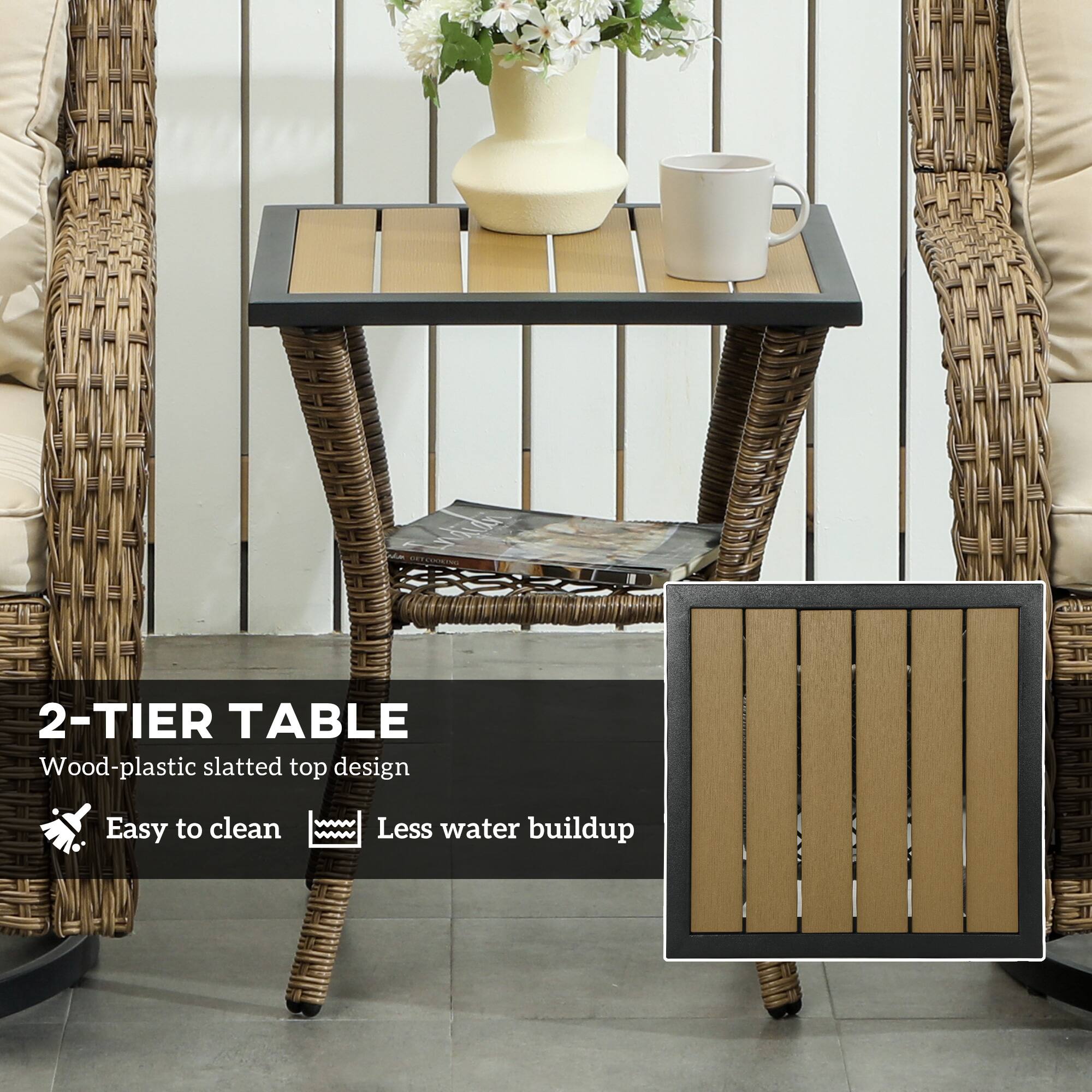 2-TIER TABLE Wood-plastic slatted top design
Easy to clean
Less water buildup