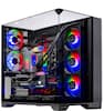 The image features a computer tower with a colorful and intricate design. The tower is equipped with a GeForce RTX 3080 graphics card, which is a powerful component for gaming and other demanding tasks. The tower also has a clear case, allowing the internal components to be visible, including the fans and cables. The fans are arranged in a circular pattern, adding to the aesthetic appeal of the computer tower.