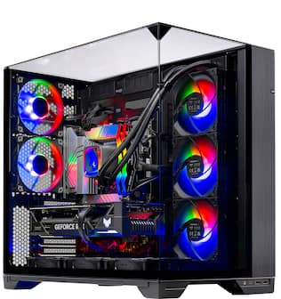 The image features a computer tower with a colorful and intricate design. The tower is equipped with a GeForce RTX 3080 graphics card, which is a powerful component for gaming and other demanding tasks. The tower also has a clear case, allowing the internal components to be visible, including the fans and cables. The fans are arranged in a circular pattern, adding to the aesthetic appeal of the computer tower.