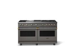 Viking - 60"W. Pro5S 8.0 Cu. Ft. Freestanding Sealed 6 Burner LP Gas Convection Range/Double Oven-Damascus Gray/Brushed Brass - Damascus Gray