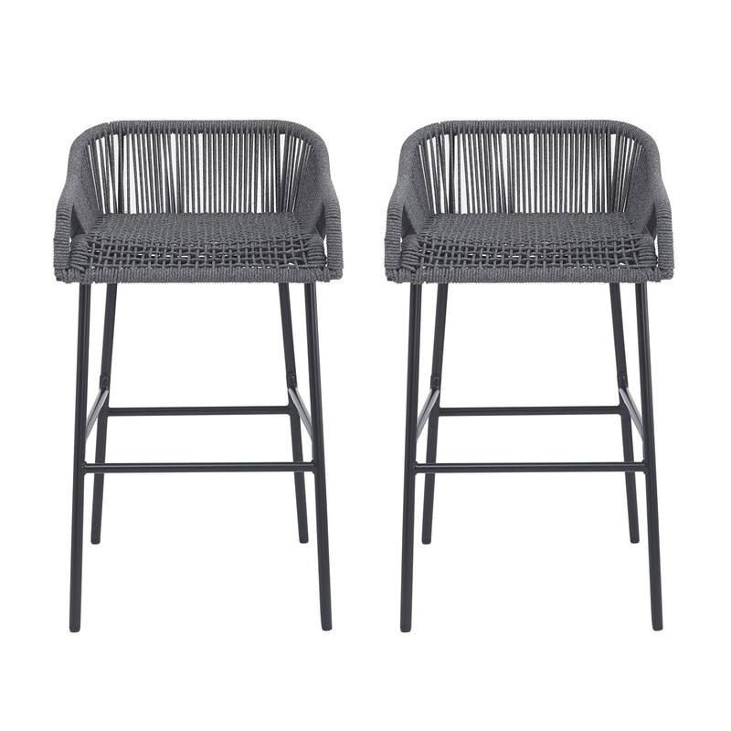 Alt View 1. HTUTWOO - Barstool Set of 2, UV-Resistant Woven Seat, Black Metal Frame, Outdoor High Chairs for Garden Poolside Balcony - Dark Gray.