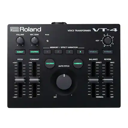 Roland VOLUME MIC SENS PEAK VOICE TRANSFORMER VT-4
MEMORY / EFFECT VARIATION
1 2 3 4
KEY A B C D E F G
ROBOT MEGAPHONE
PITCH +OCT -OCT
FORMANT +10 -10
VOCODER AUTO PITCH
HARMONY
BALANCE
REVERB
EFFECT MAX
NORMAL OFF
MANUAL BYPASS