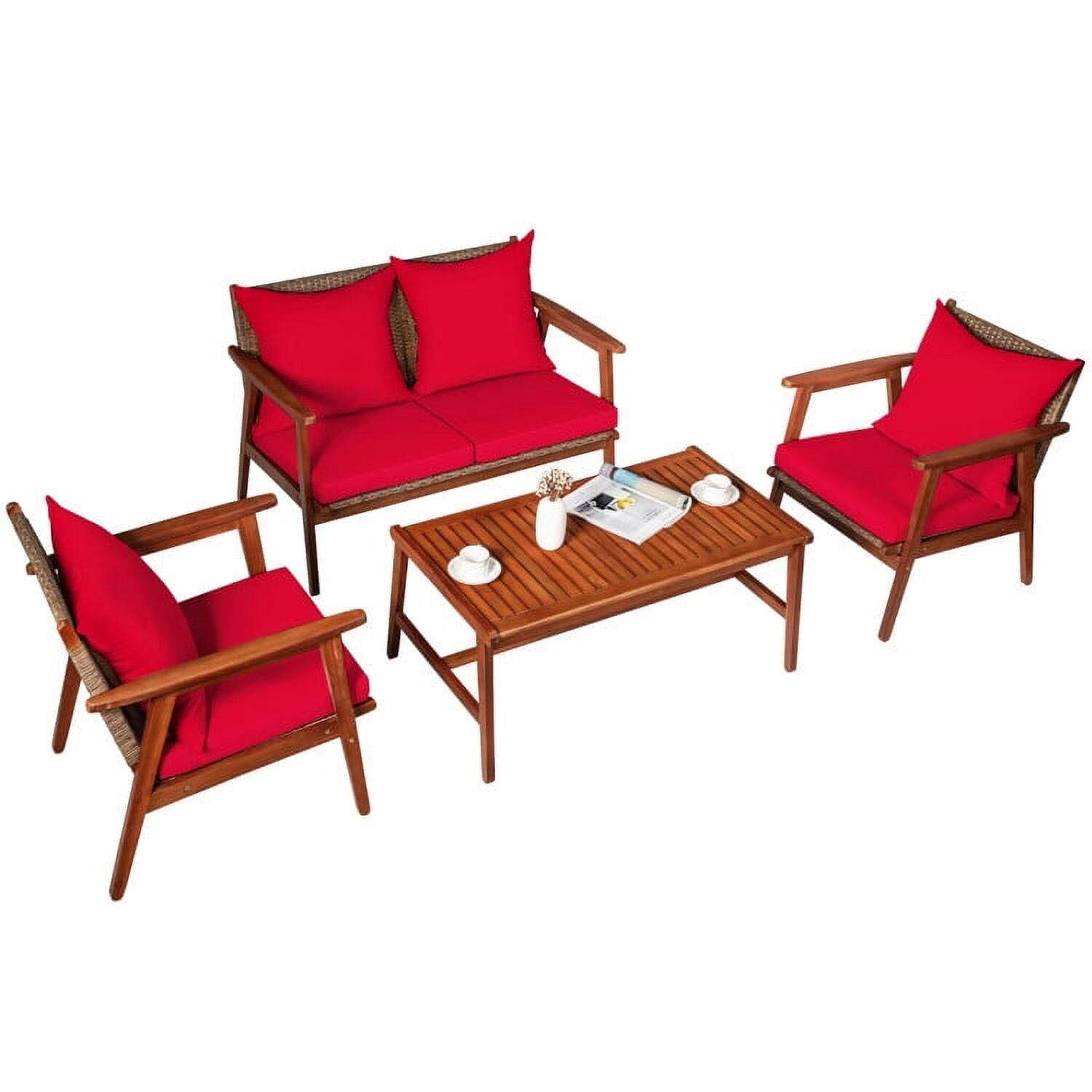 Angle. Kadyn - 4 Piece Acacia Wood Patio Rattan Furniture Set, Outdoor Furniture Garden Conversation Sets-Navy - Red.