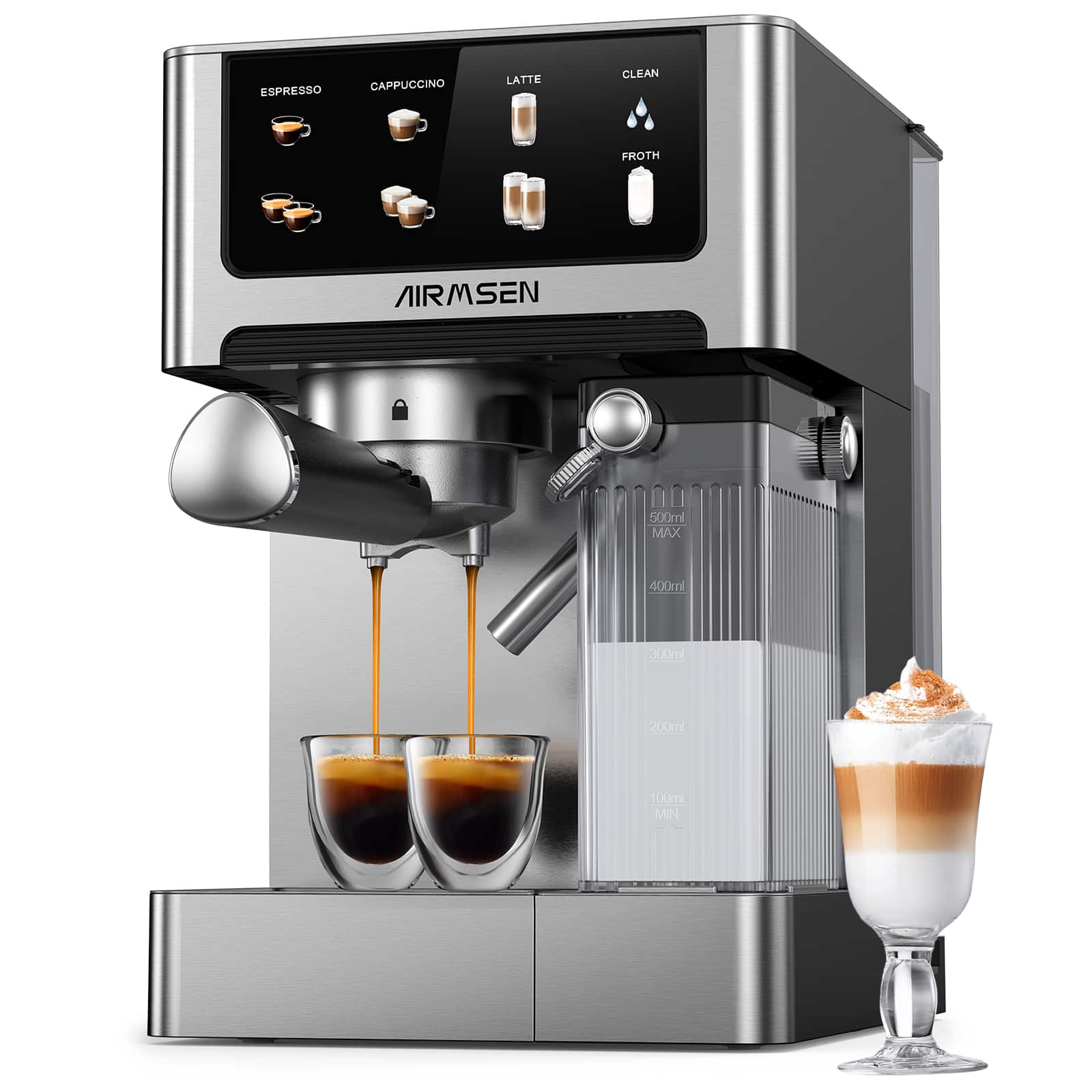ESPRESSO  
CAPPUCCINO  
LATTE  
CLEAN  
FROTH  

AIRMSMEN  

500ml MAX  
400ml  
300ml  
200ml  
100ml MIN