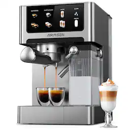 AIRMSEN - 20 Bar Espresso Machine with Automatic Milk Frother, Dual Boiler Cappuccino Latte Maker - Stainless Steel