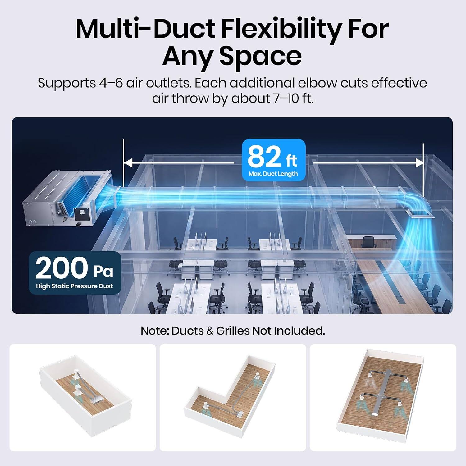 Multi-Duct Flexibility For Any Space  
Supports 4-6 air outlets. Each additional elbow cuts effective air throw by about 7-10 ft.  
82 ft Max. Duct Length  
200 Pa High Static Pressure Dust  
Note: Ducts & Grilles Not Included.