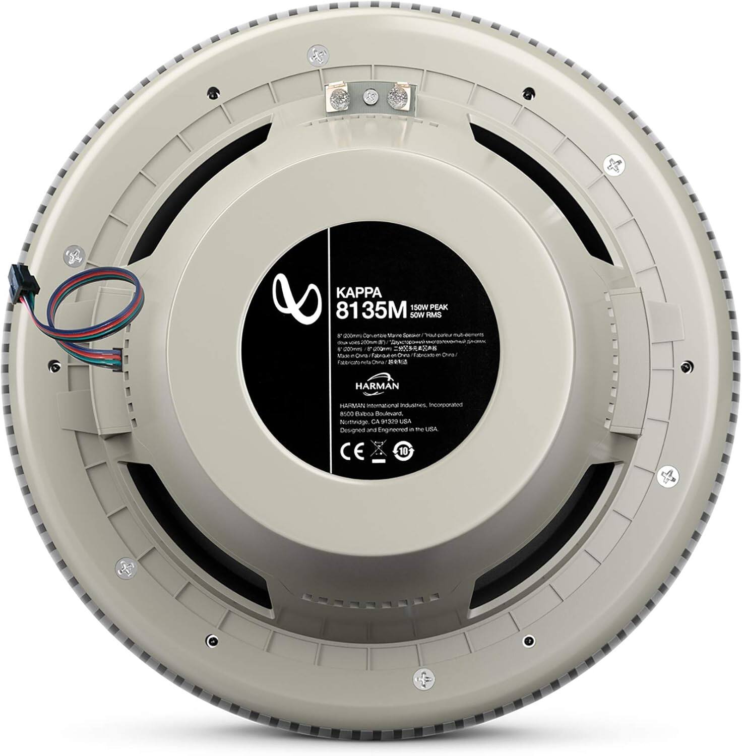 KAPPA 8135M  
150W PEAK  
50W RMS  

HARMAN  
HARMAN International Industries, Incorporated  
8500 Budbud Boulevard  
Northridge, CA 91329 USA  
Designed and Engineered in the USA  

CE  
10+