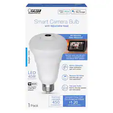 FEIT Electric Smart Camera Bulb with Adjustable Head
- Works with Alexa and Google Assistant
- No Monthly Fees Required
- 5000K Daylight LED
- 40W Replacement
- WiFi Only supports 2.4GHz Wi-Fi networks
- See live video and talk with visitors on Amazon Echo and Google Nest devices
- Motion Detection
- Video notification sent with motion
- Records HD Video with MicroSD card (sold separately)
- Two-way Audio
- Built-in two-way speaker and microphone
- Brightness: 450 lumens
- Estimated Energy Cost: $1.20 per year
- 1 Pack