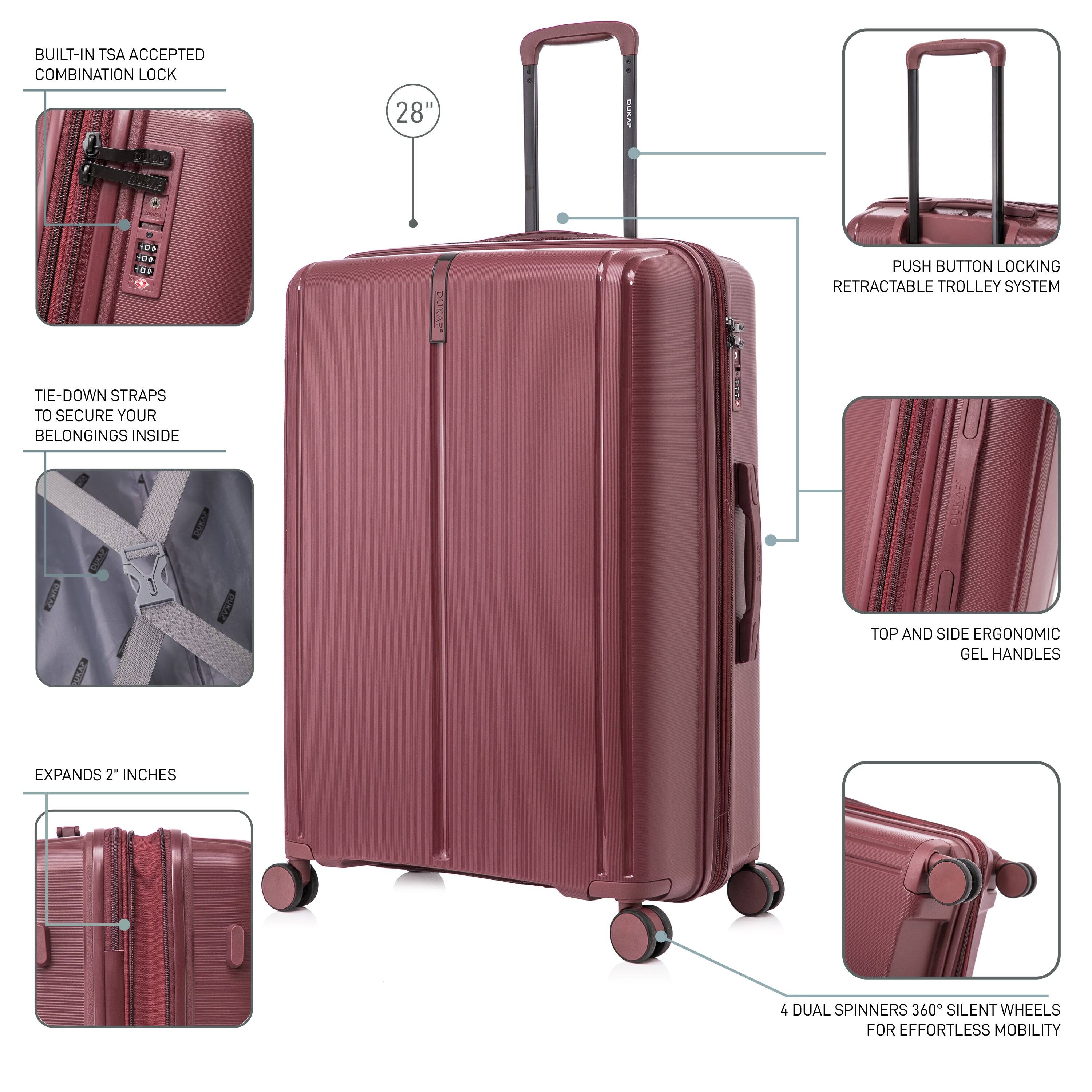 - Built-in TSA accepted combination lock
- 28" height
- Tie-down straps to secure your belongings inside
- Expands 2" inches
- Push button locking retractable trolley system
- Top and side ergonomic gel handles
- 4 dual spinners 360° silent wheels for effortless mobility