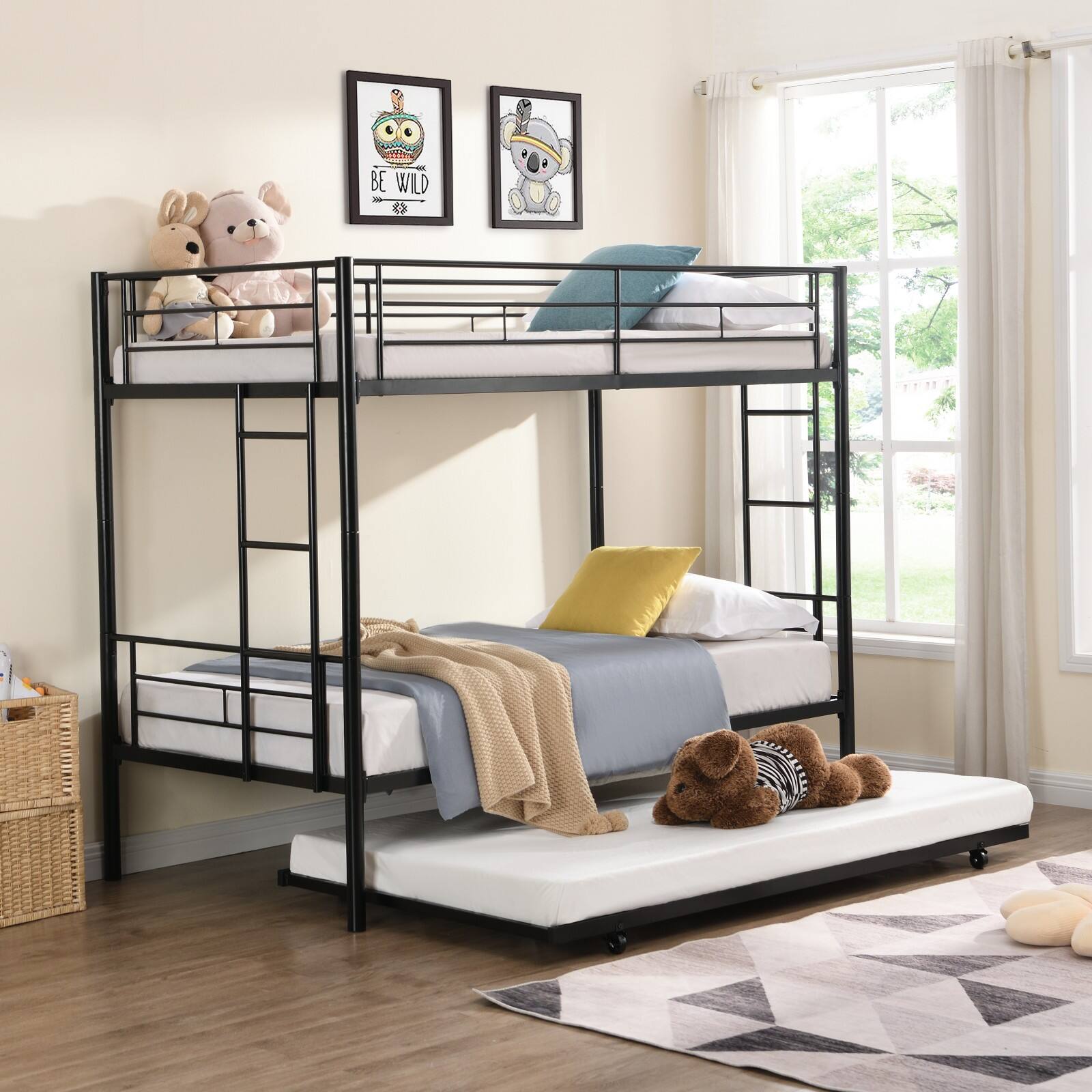 Alt View 1. Ecooso - Twin Over Twin  Metal  Bunk Bed with trundle - Black.