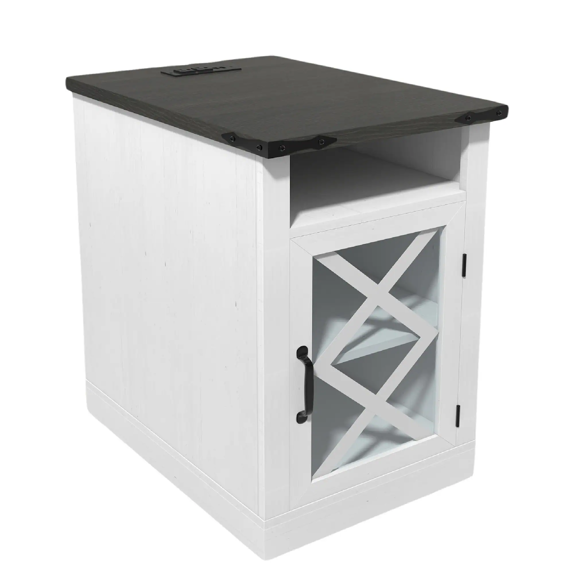 Spaco - Farmhouse Nightstand with Charging Station, Barn Door, Adjustable Shelf, 3-Tier Storage for Bedroom - White