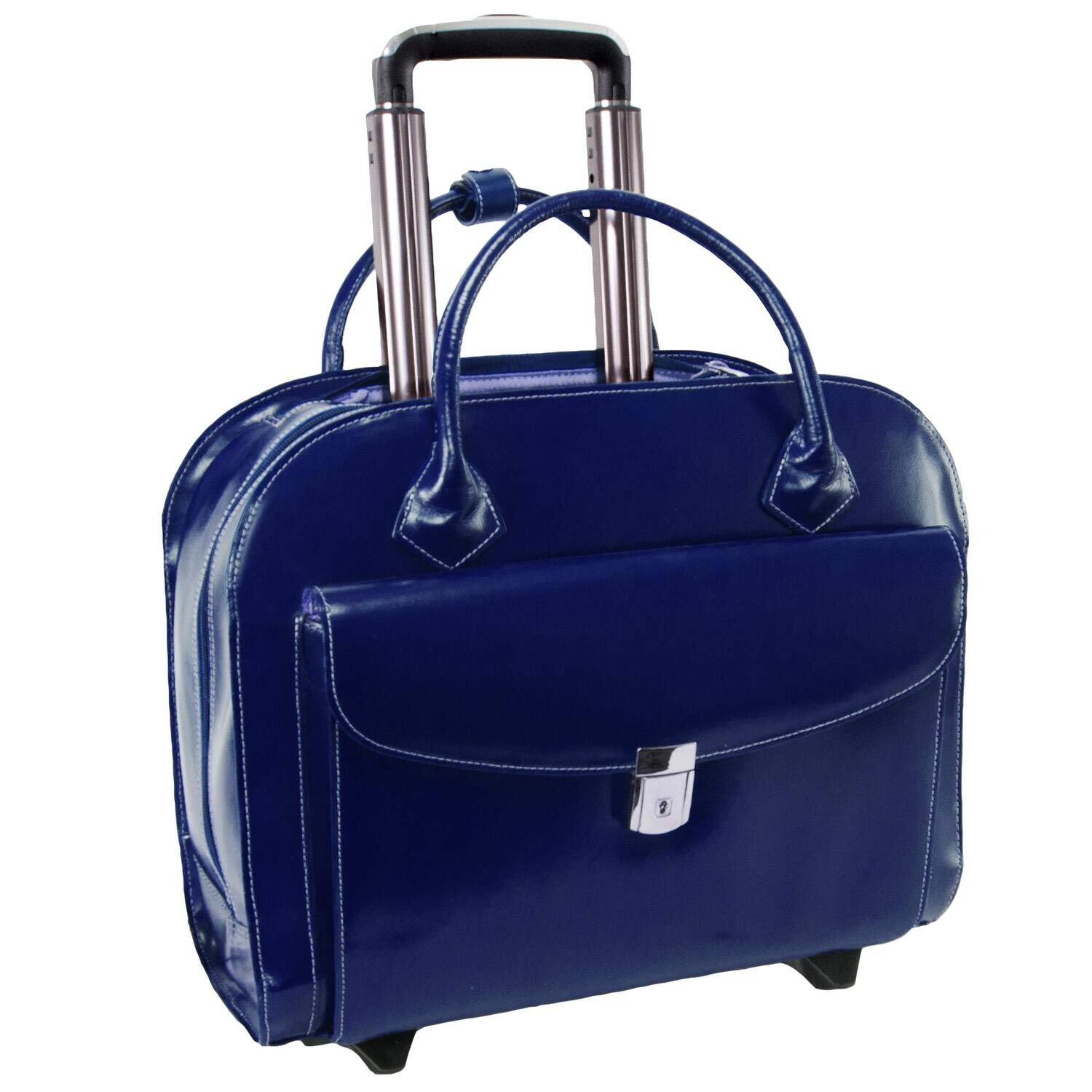 Front. McKleinUSA - 15-inch Top Grain Leather Wheeled Laptop Briefcase, Rolling Women's Business Overnight Bag, Removable Trolley Case - Navy.