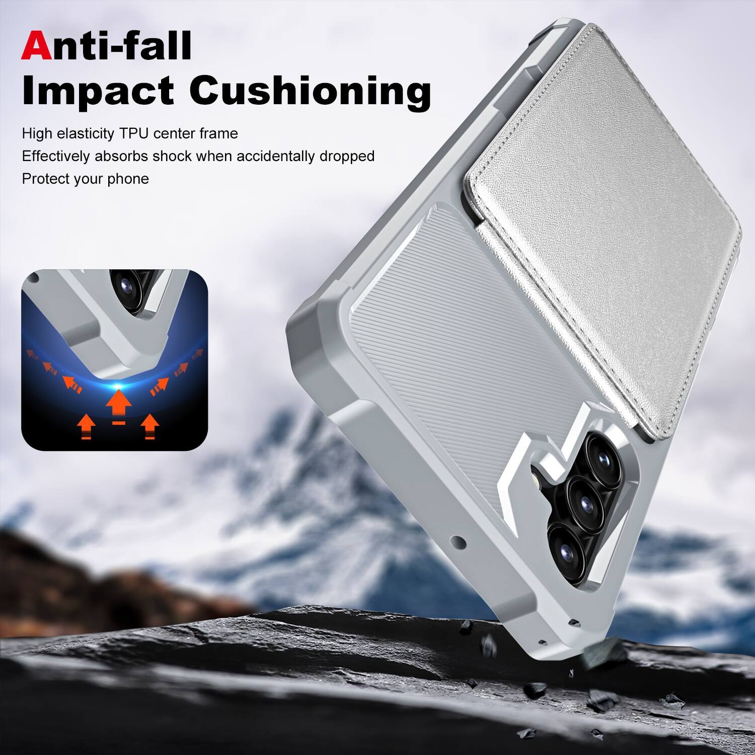 Anti-fall Impact Cushioning

High elasticity TPU center frame
Effectively absorbs shock when accidentally dropped
Protect your phone