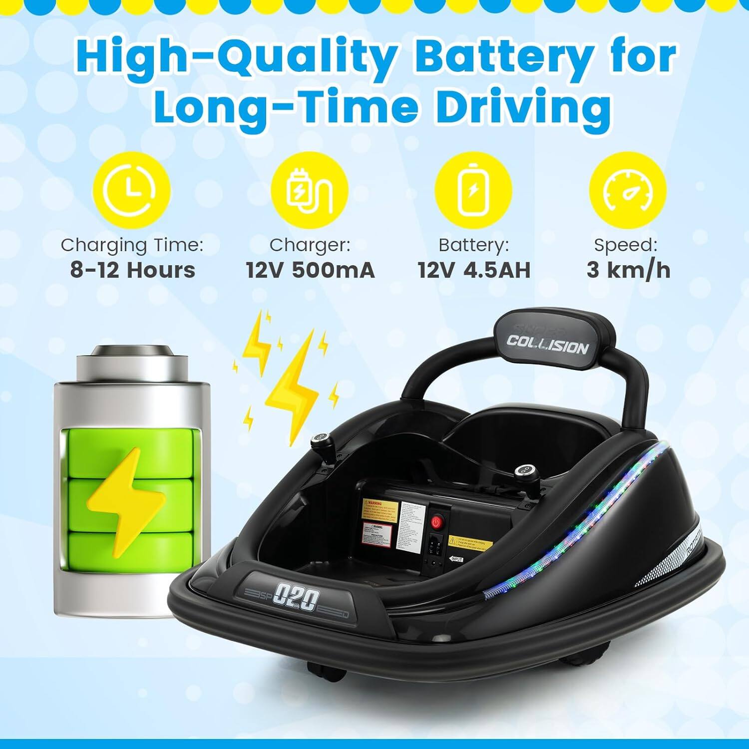 High-Quality Battery for Long-Time Driving

- Charging Time: 8-12 Hours
- Charger: 12V 500mA
- Battery: 12V 4.5AH
- Speed: 3 km/h

COLLISION 020