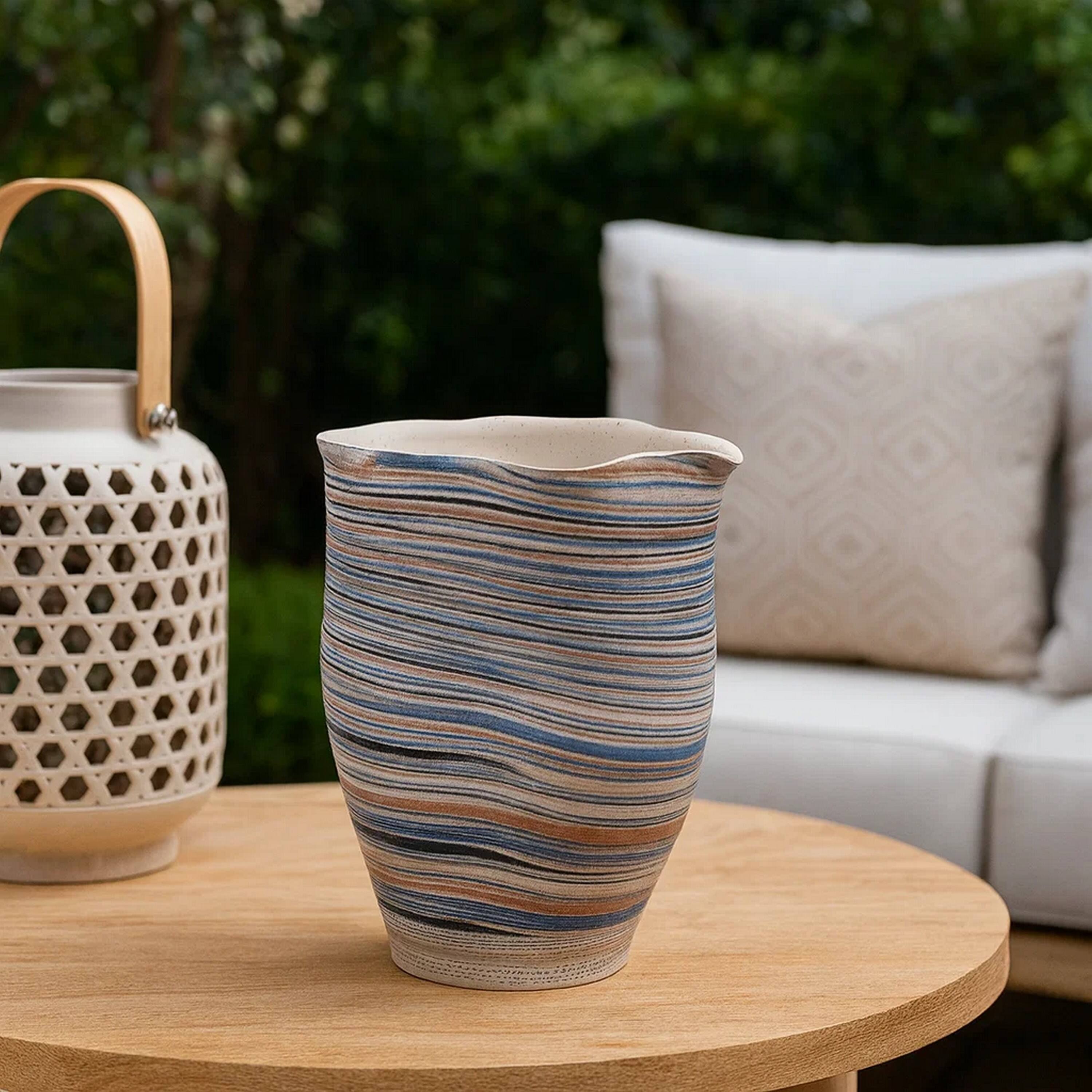 Alt View 3. Manhattan Lane - Kerya Decorative Vase, 13 Inch   Striped, Wavy Rim Porcelain - Blue, White.