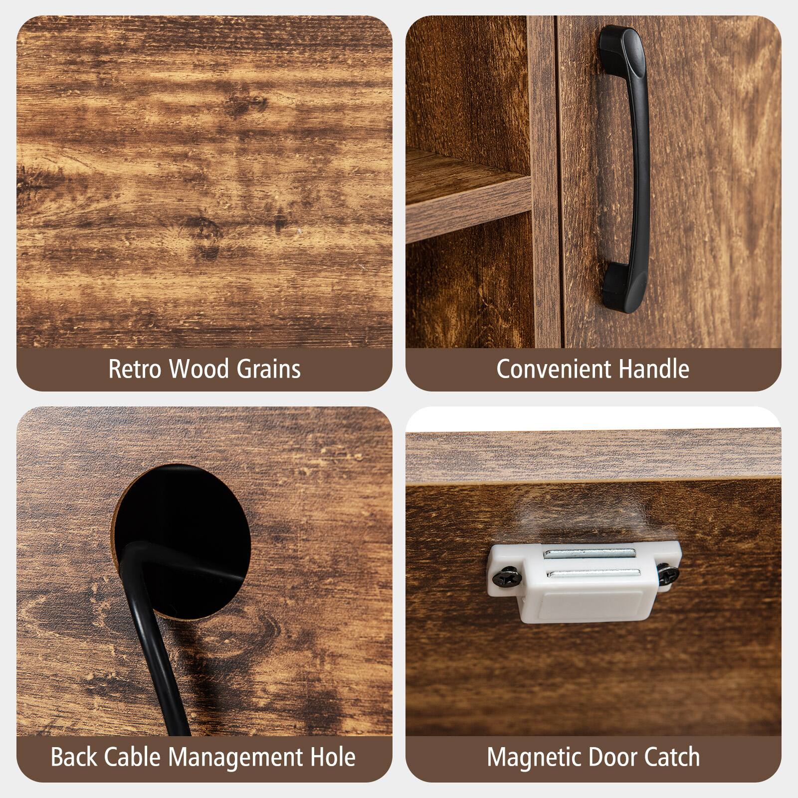 Retro Wood Grains, Convenient Handle, Back Cable Management Hole, Magnetic Door Catch