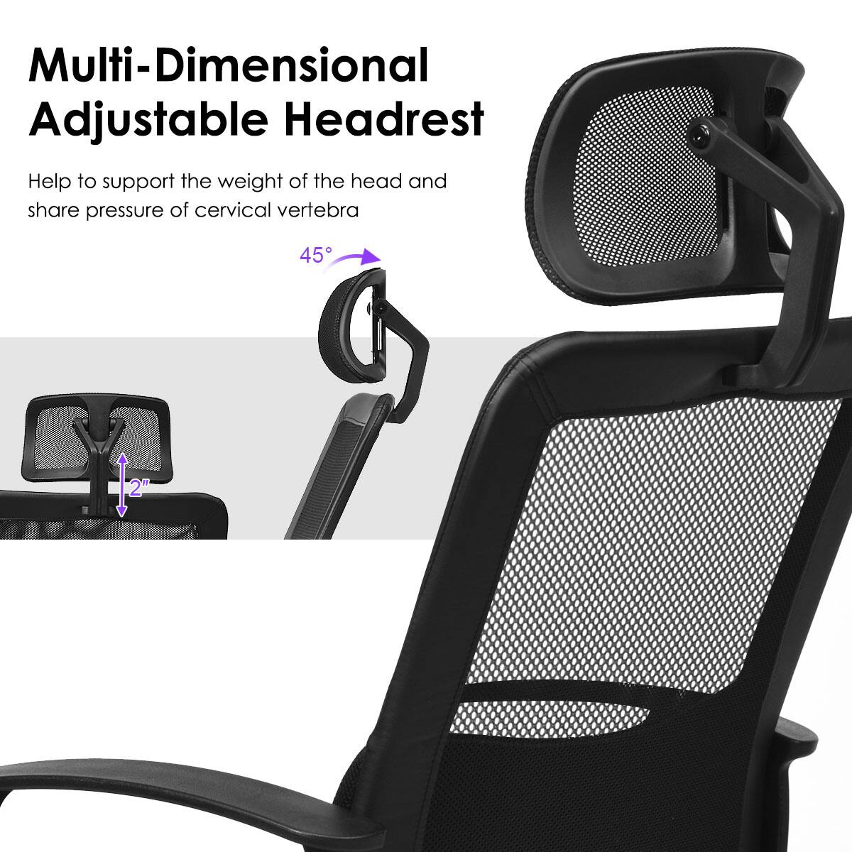 Multi-Dimensional Adjustable Headrest: Help support the weight of the head and share pressure of cervical vertebra 45 f 2".
