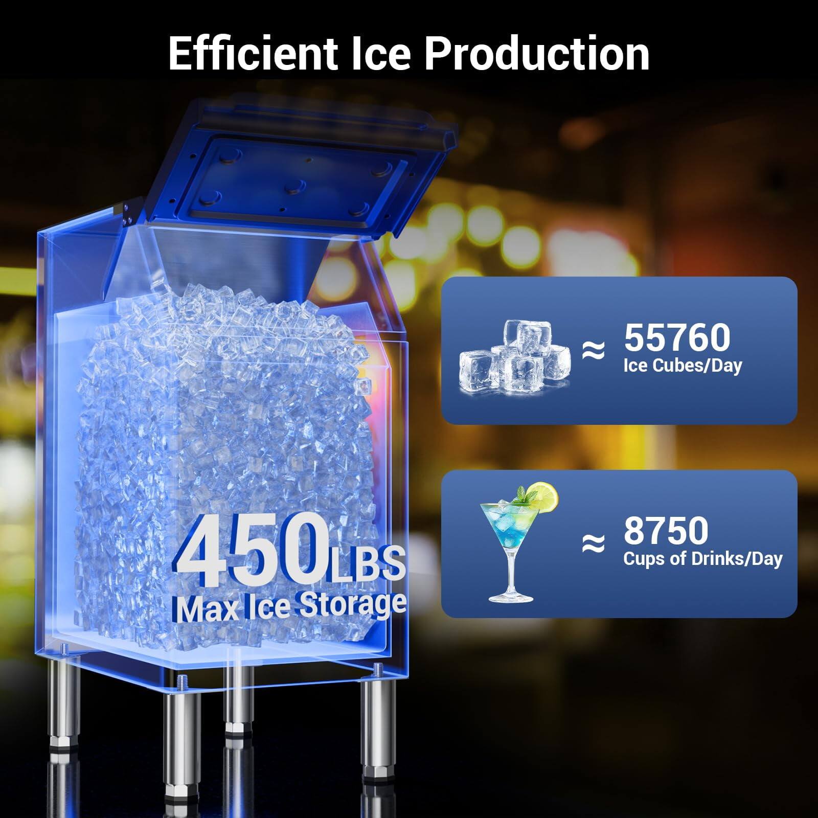 Efficient Ice Production

- 55760 Ice Cubes/Day
- 450 LBS Max Ice Storage
- 8750 Cups of Drinks/Day