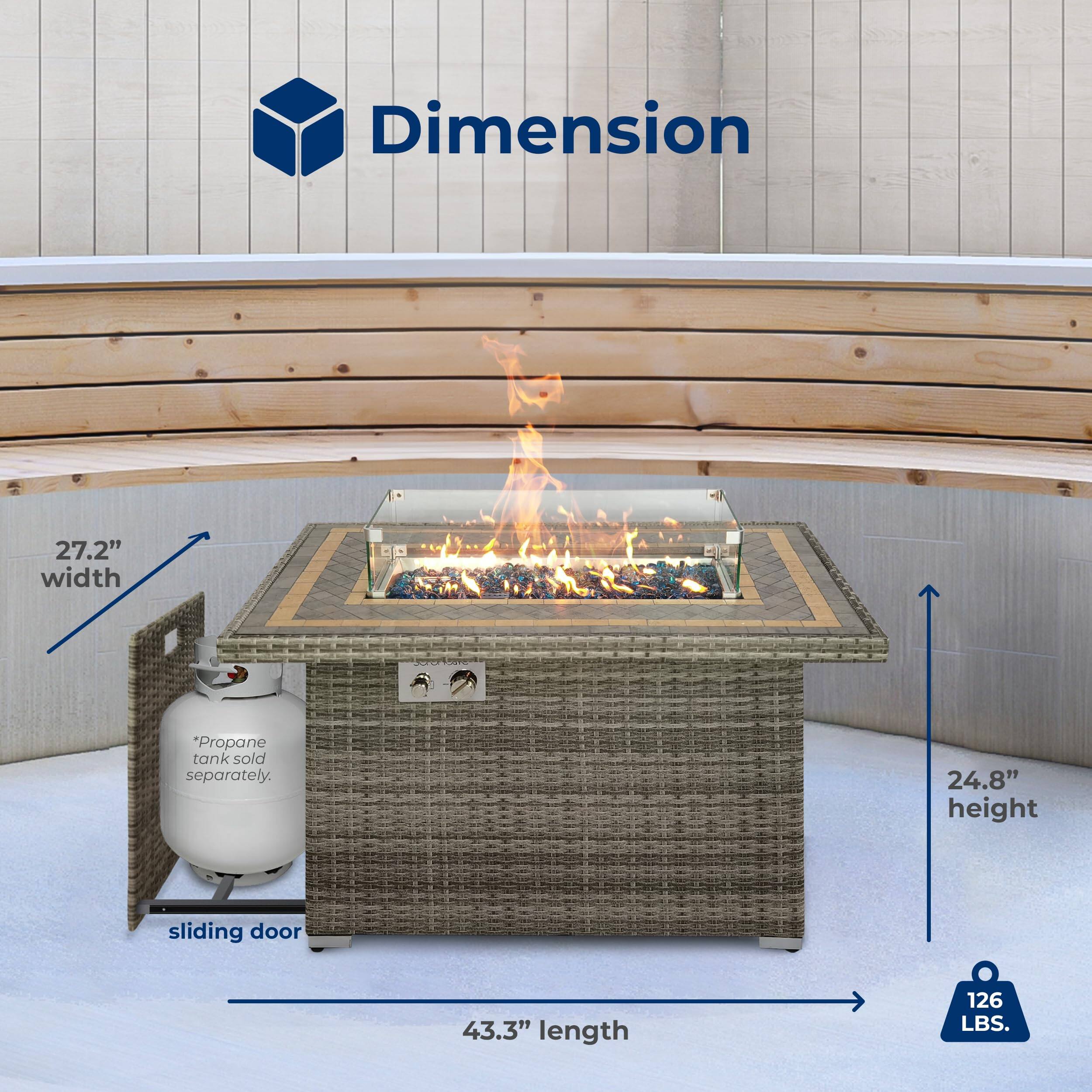 Dimension  
27.2" width  
24.8" height  
43.3" length  
126 LBS.  
"Propane tank sold separately."  
sliding door