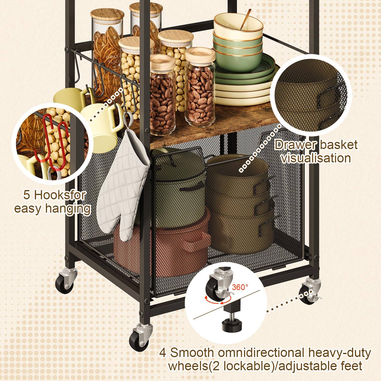 - 5 Hooks for easy hanging
- Drawer basket visualisation
- 4 Smooth omnidirectional heavy-duty wheels (2 lockable)/adjustable feet