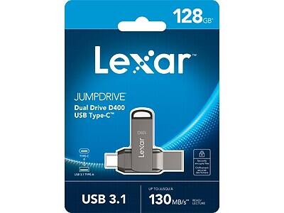 Lexar  
JUMPDRIVE  
Dual Drive D400  
USB Type-C™  

128GB  

USB 3.1  

Up to 130 MB/s  

READY TO READ