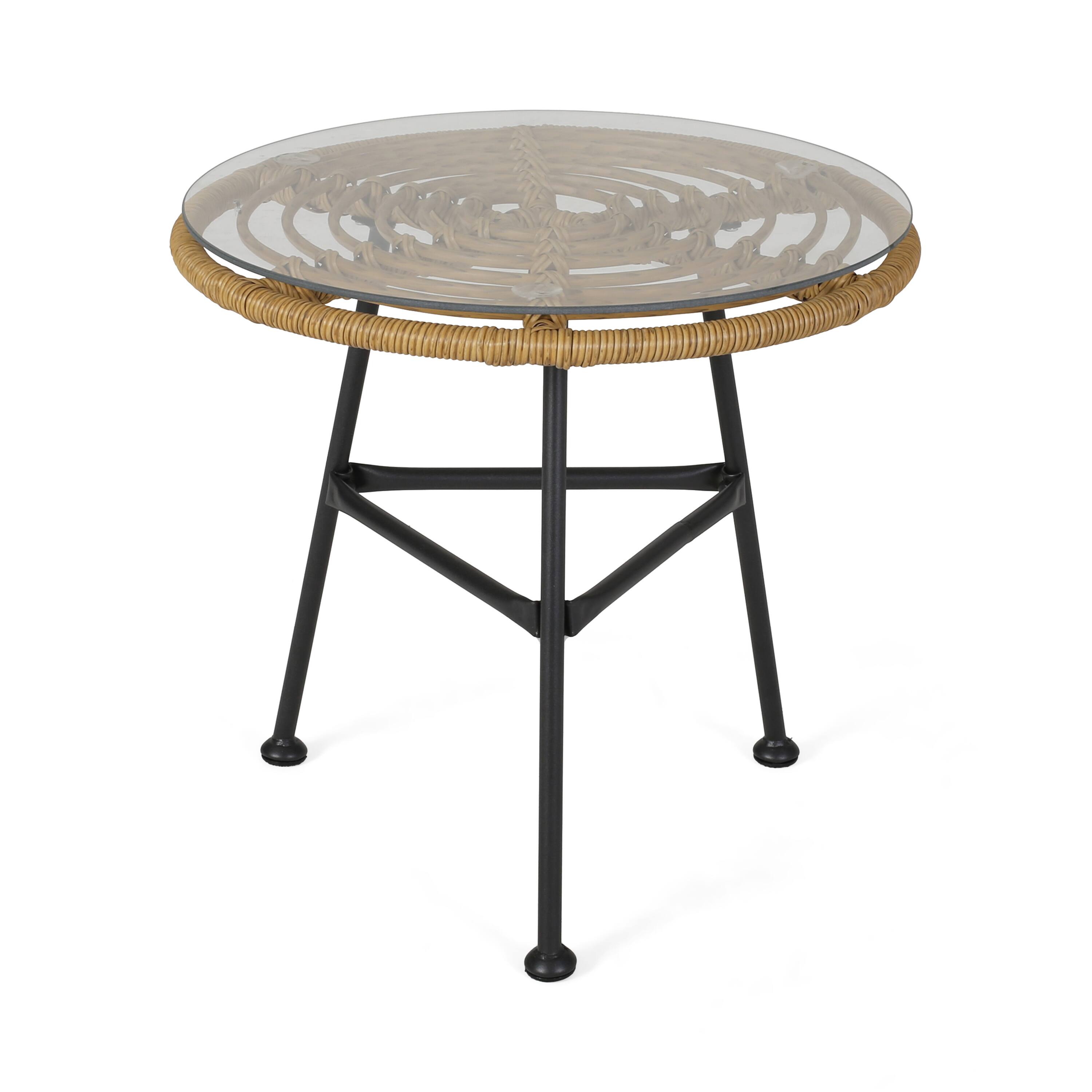 Alt View 2. APRILSOUL - Orlando Outdoor Glass Top Faux Rattan Side Table Tempered Glass Top End Table - Light Brown.