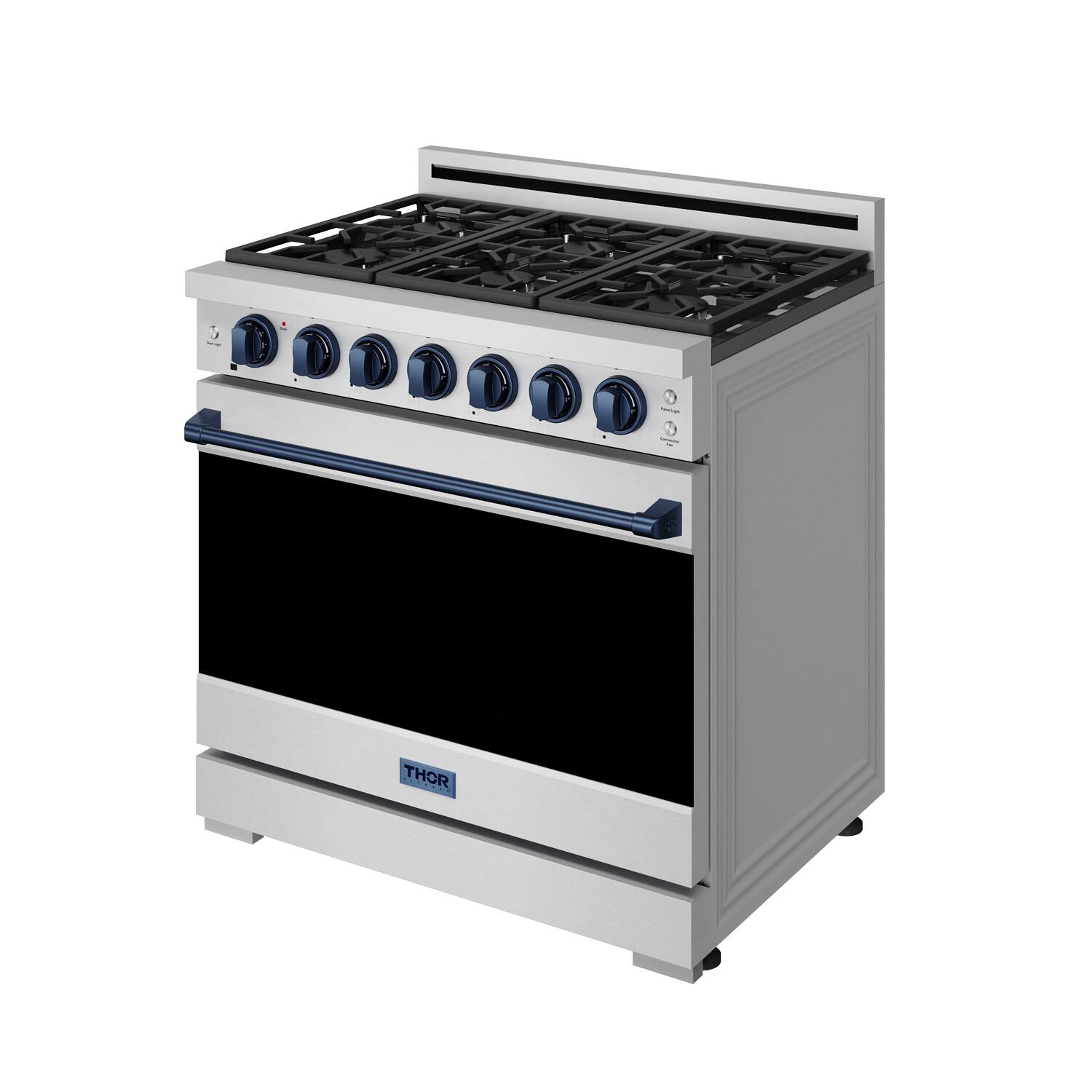Angle. Thor Kitchen - Gordon Ramsay Series by Thor Kitchen 6.0 Cu. Ft Freestanding Gas Range with Navy Blue Hardware - Stainless Steel.