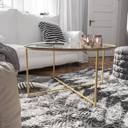 Emma + Oliver - Glass Living Room Coffee Table with Crisscross Metal Frame - Clear Top/Brushed Gold Frame