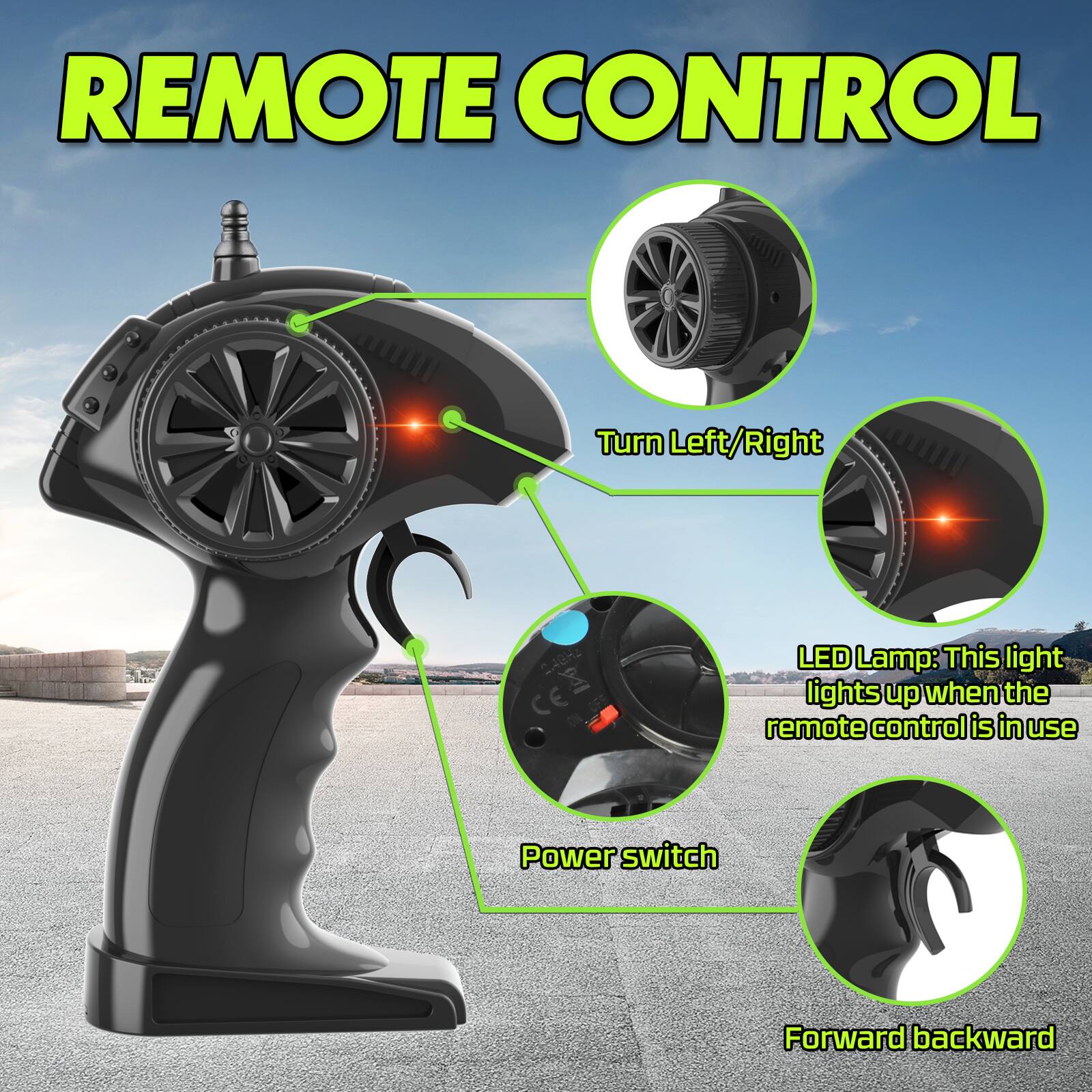 REMOTE CONTROL

- Turn Left/Right
- LED Lamp: This light lights up when the remote control is in use
- Power switch
- Forward backward