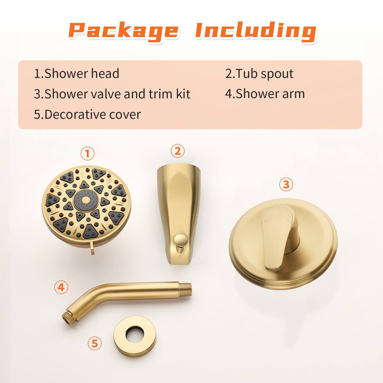 Package Including

1. Shower head  
2. Tub spout  
3. Shower valve and trim kit  
4. Shower arm  
5. Decorative cover