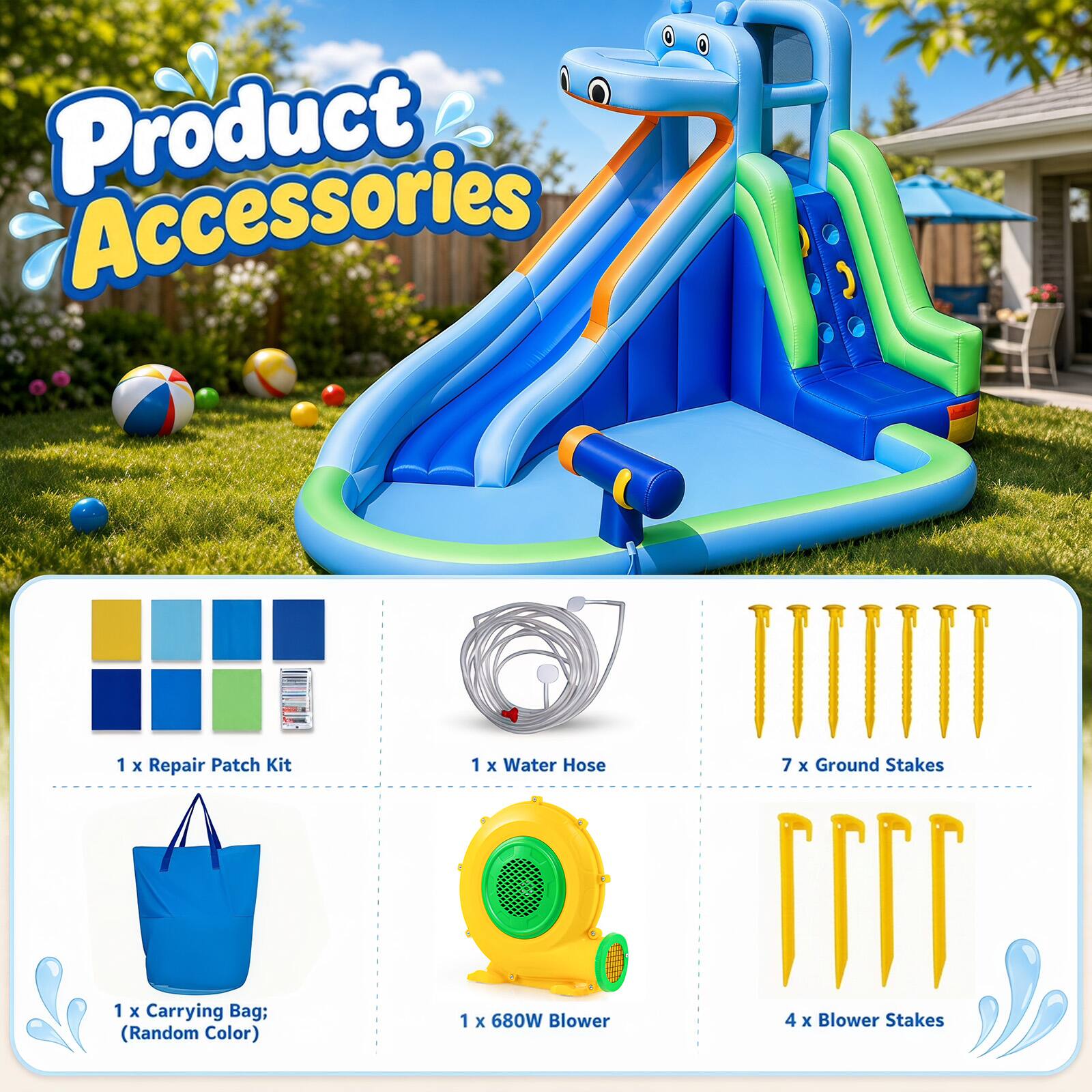 Product Accessories

1 X Repair Patch Kit  
1 X Water Hose  
7 X Ground Stakes  
1 X Carrying Bag; (Random Color)  
1 X 680W Blower  
4 X Blower Stakes