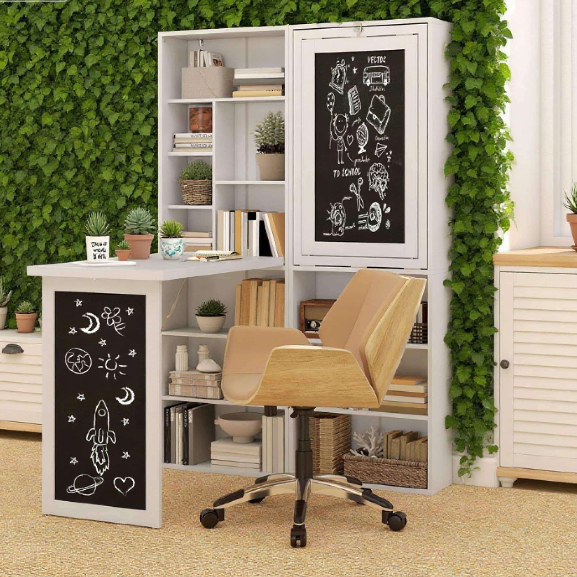 GOODSILO - Fold-out Convertible Office Desk with Wall Mount, Space-Saving Computer Workstation with Storage Shelf and Writing Board - White