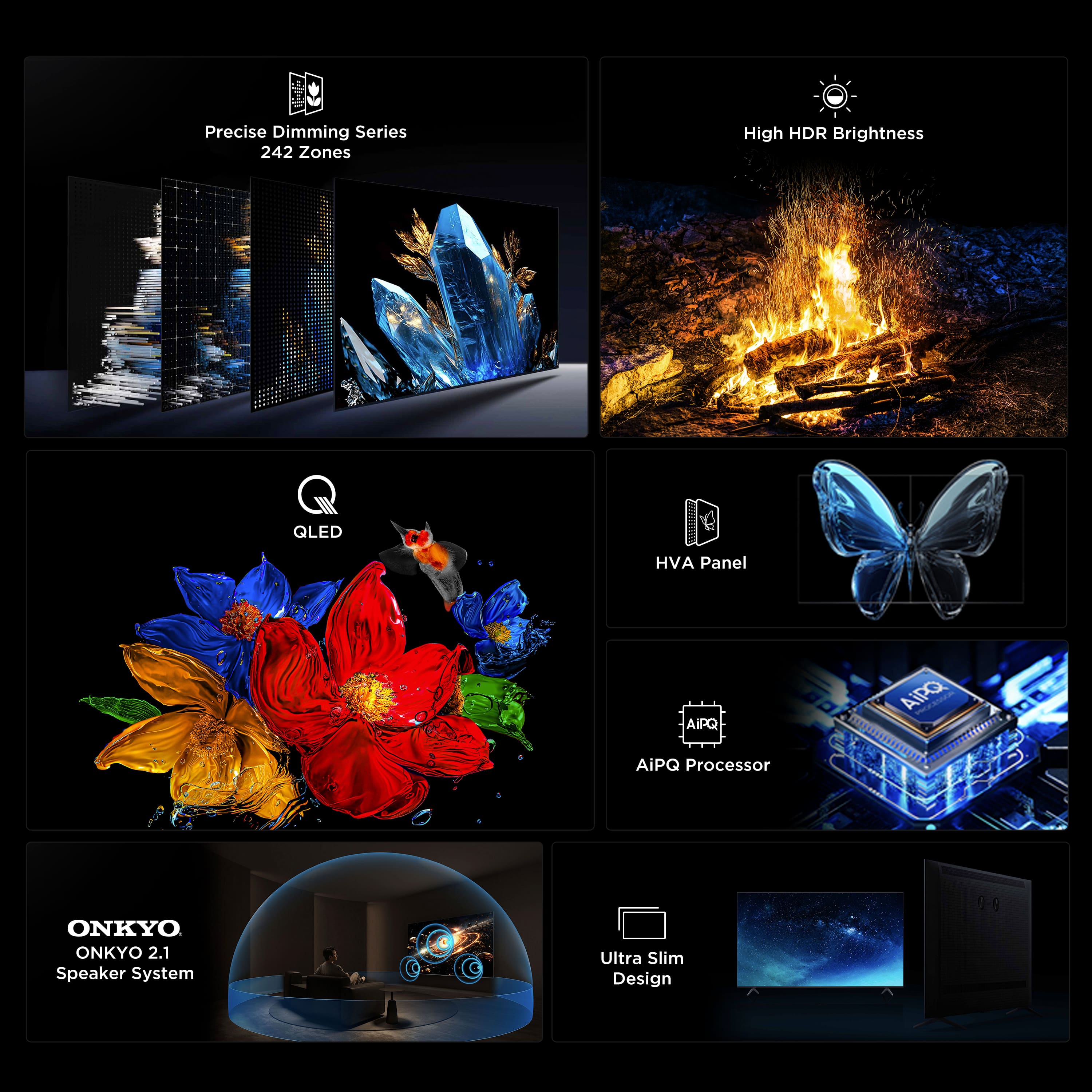 The image features a display of various ONKYO products, including a TV, speaker system, and other electronic devices. The TV is described as having a "precise dimming series" and "high HDR brightness," while the speaker system is advertised as having a "2.1" configuration. The image also showcases a butterfly design, which may be part of the product's aesthetic appeal. The overall theme of the image is to highlight the features and design of the ONKYO products.