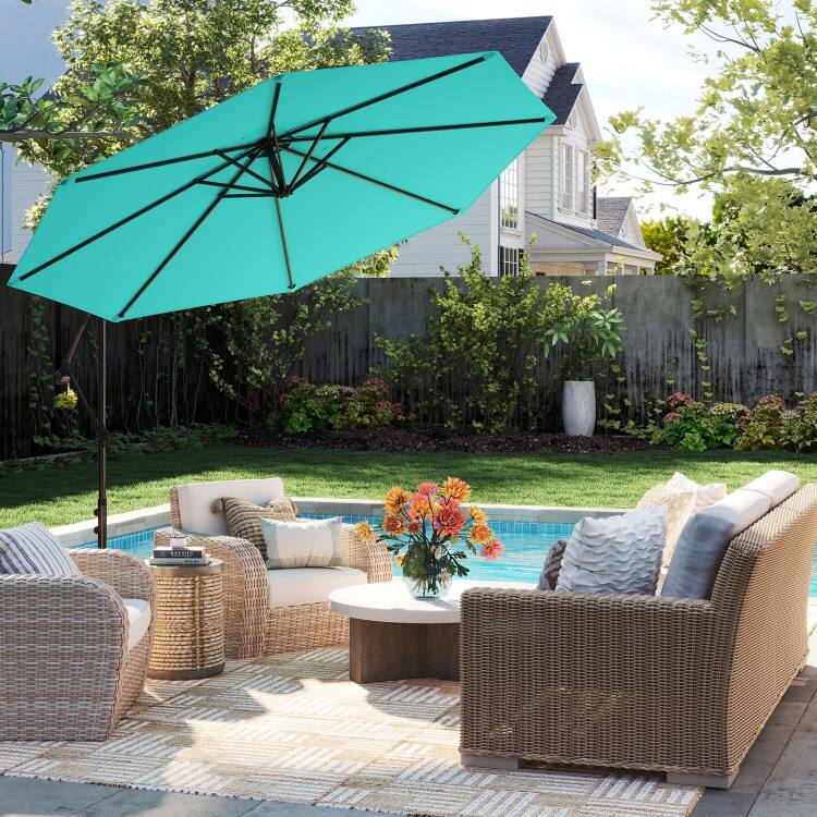 Angle. Mondawe - 10 FT Offset Cantilever Patio Umbrella 8 Ribs with Cross Base - Turquoise.
