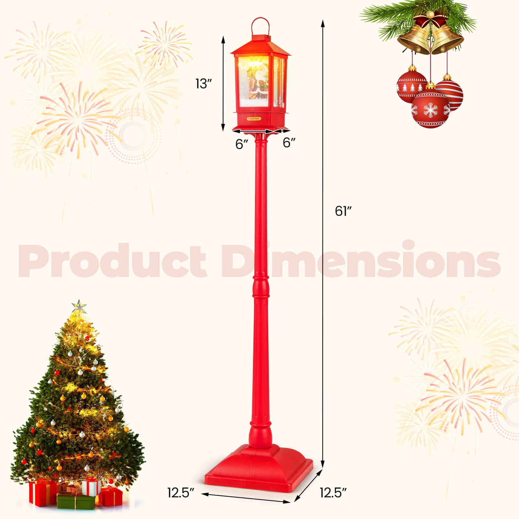 The product dimensions are as follows:

- Height: 61"
- Width: 12.5"
- Depth: 12.5"
- Lamp width: 6"
- Lamp height: 13"
- Base width: 2.5"
- Base depth: 2.5"