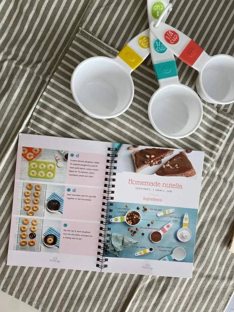 Sure, here is the corrected and grouped text from the image:

---

**Homemade Nutella**

**SERVINGS:** 1 SMALL JAR

**Ingredients:**
- 1 cup roasted hazelnuts
- 1/4 tsp salt
- 1/2 cup sugar
- 1/4 cup pure cocoa
- 1/2 tsp vanilla
- 1/3 cup melted coconut oil

**Instructions:**
1. Grease silicone doughnut molds (9 medium doughnuts) and fill with batter. Bake for 15 minutes, until a toothpick comes out clean.
2. Melt chocolate and 1/4 cup milk together in the microwave.
3. Dip the top of each doughnut into the chocolate and place on a cooling rack to set.

---

**Note:** The measurements and instructions are clearly laid out in the image, and the text has been corrected for clarity and readability.