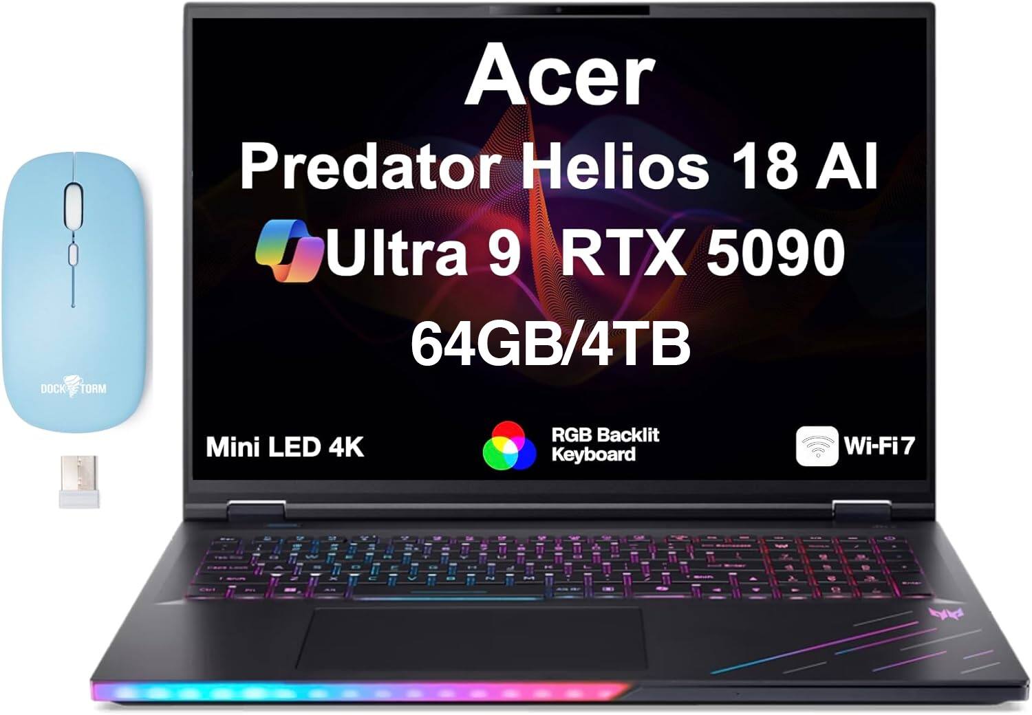 DOCK TORM Acer Predator Helios 18 AI Ultra 9 RTX 5090 64GB/4TB Mini LED 4K RGB Backlit Keyboard Wi-Fi7