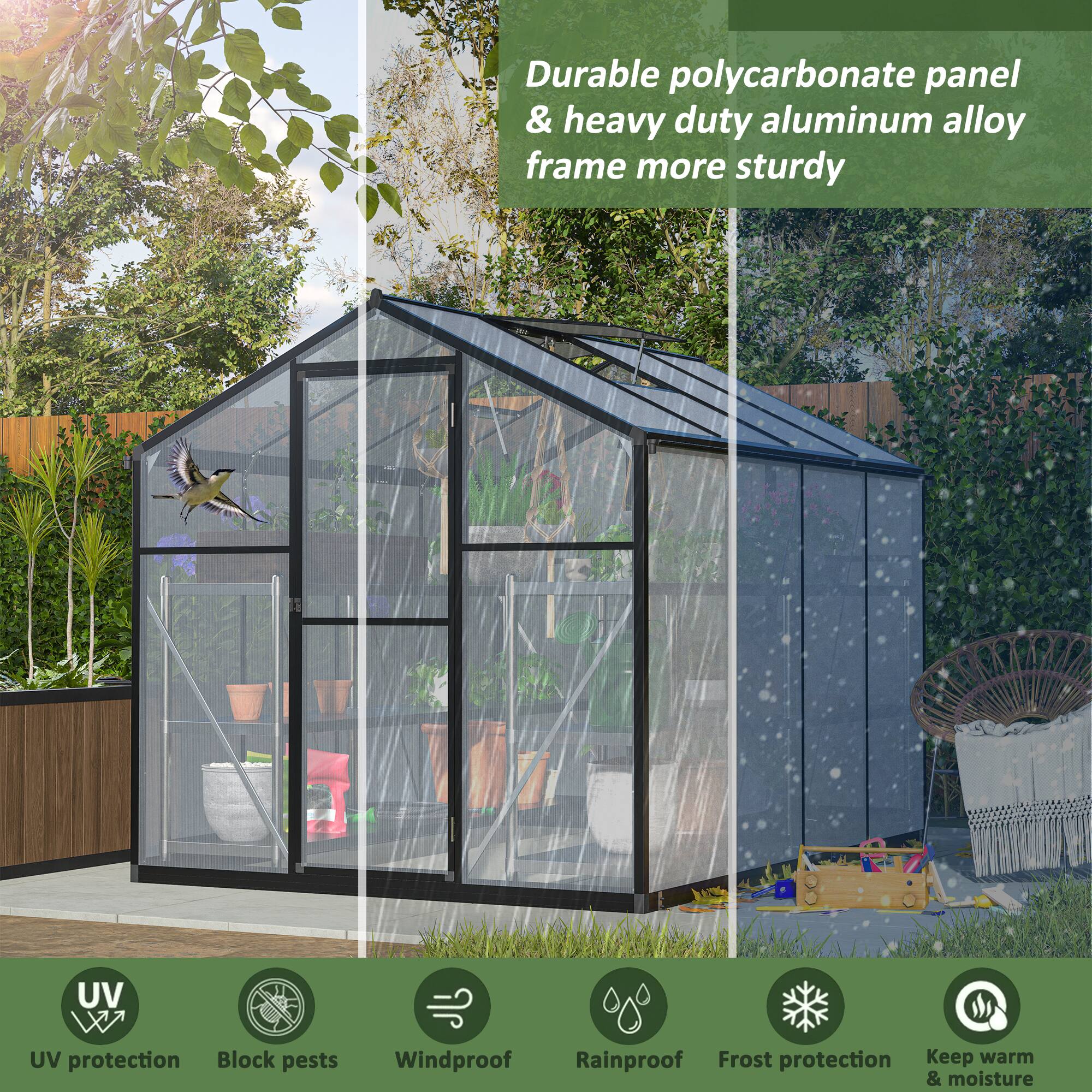 Durable polycarbonate panel & heavy duty aluminum alloy frame more sturdy

- UV protection
- Block pests
- Windproof
- Rainproof
- Frost protection
- Keep warm & moisture