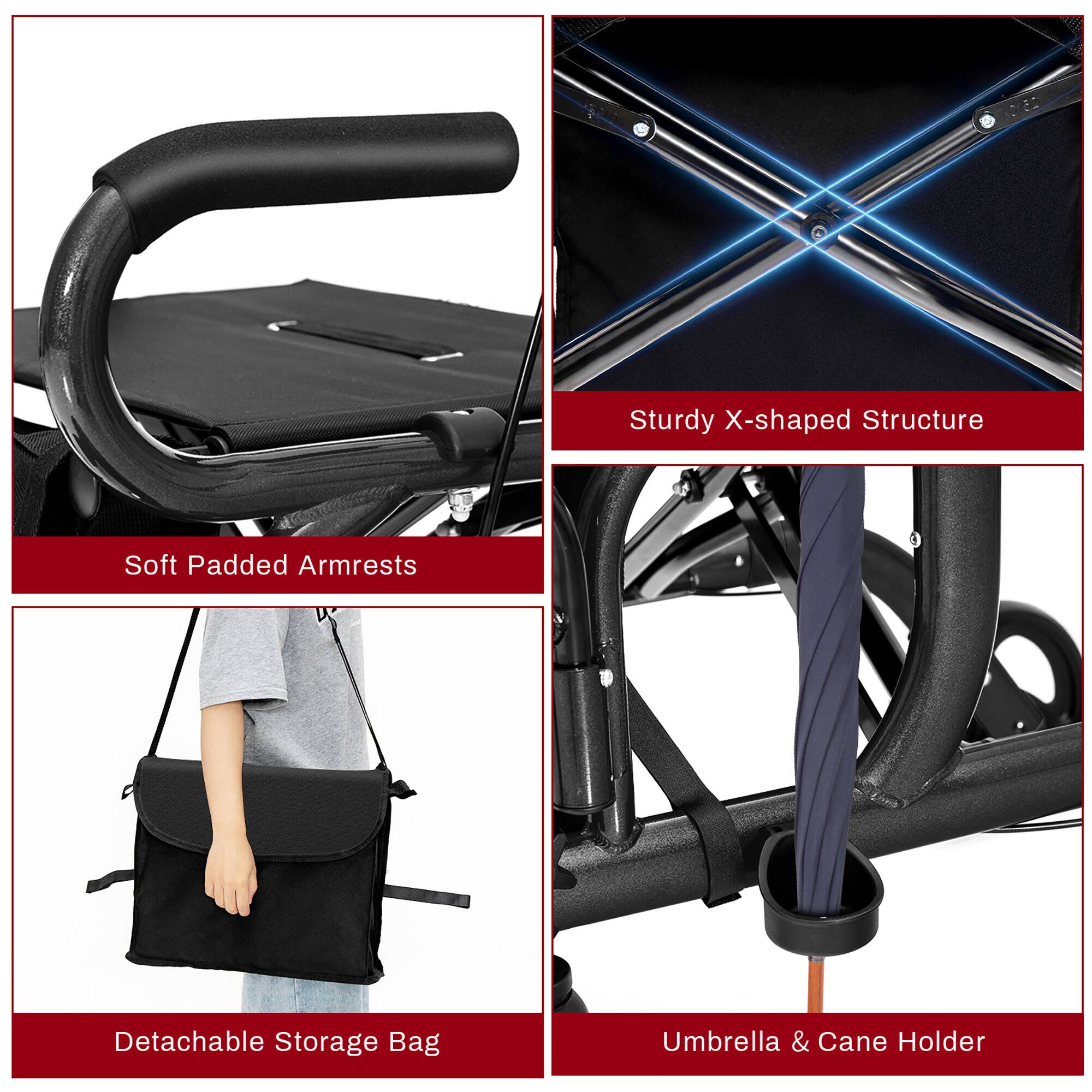 Sturdy X-shaped Structure, Soft Padded Armrests, Detachable Storage Bag, Umbrella & Cane Holder